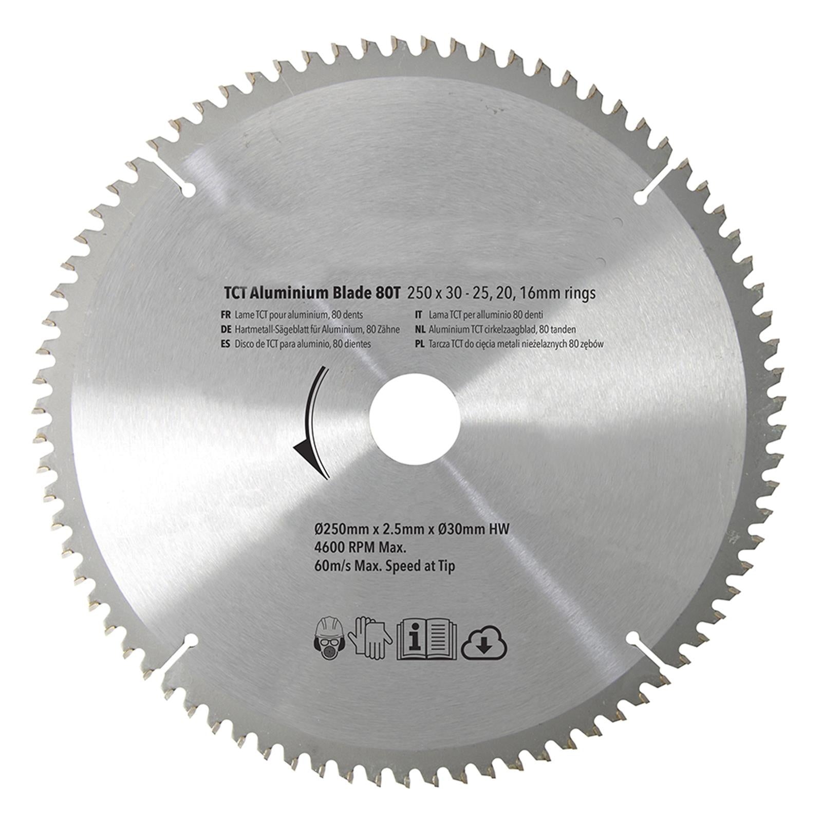250mm 80T Aluminium Circular Saw Blade 30mm Bore 25mm 20mm 16mm Rings Mitre 10"