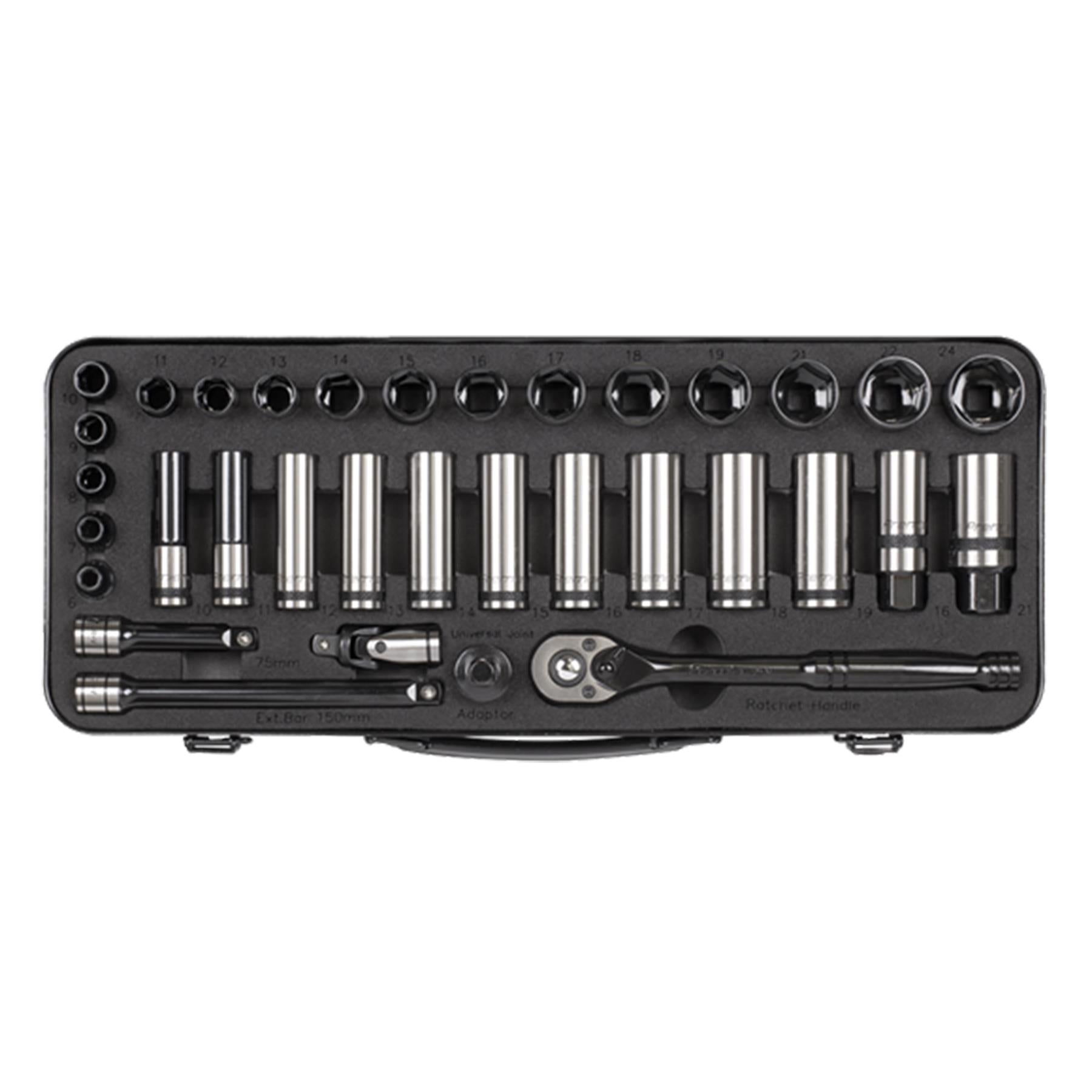 Sealey Socket Set 34pc 3/8"Sq Dr 6pt WallDrive Metric Black Series