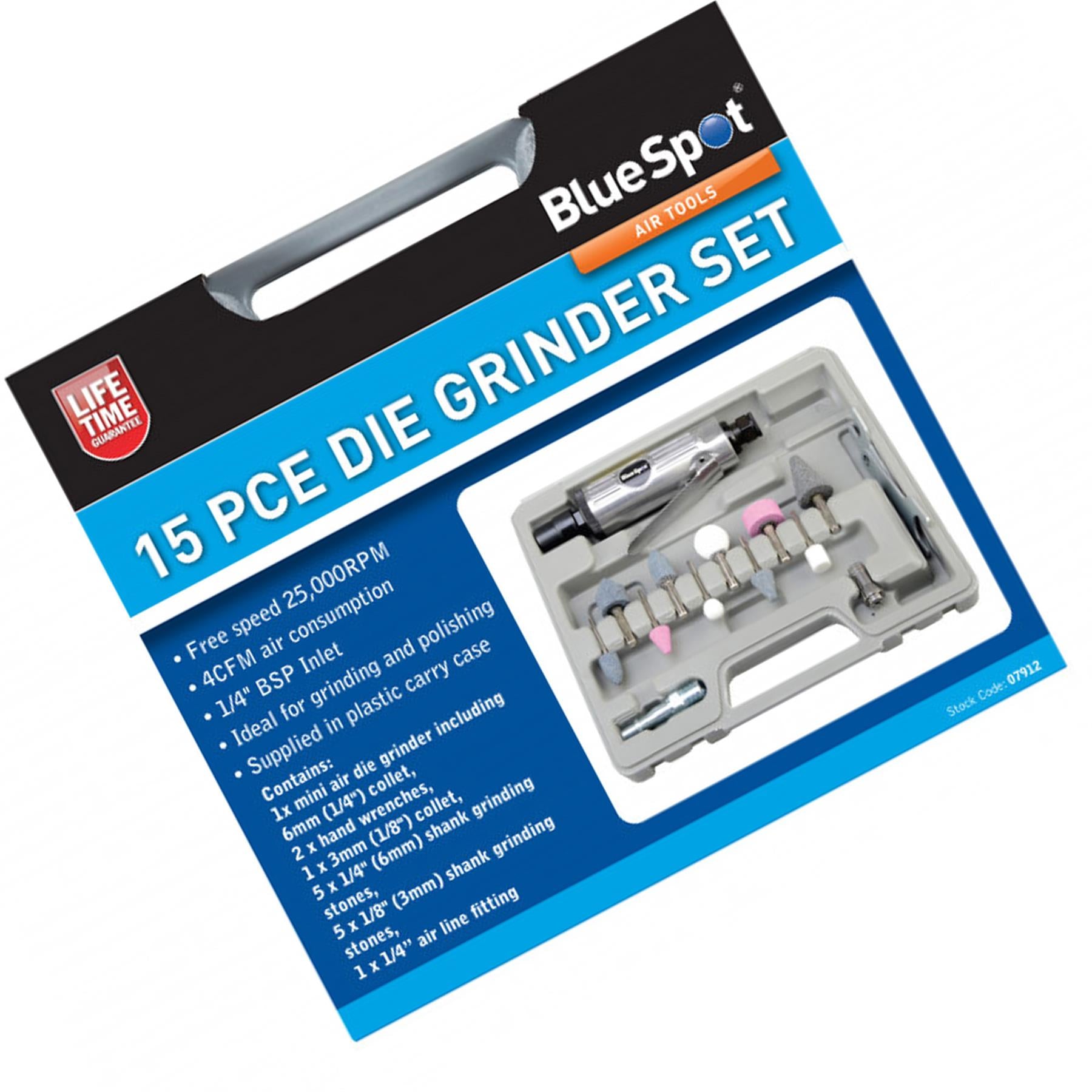 BlueSpot 15Pc 1/4" Straight Mini Air Die Grinder Tool Kit + Grinding Polishing Stones Set