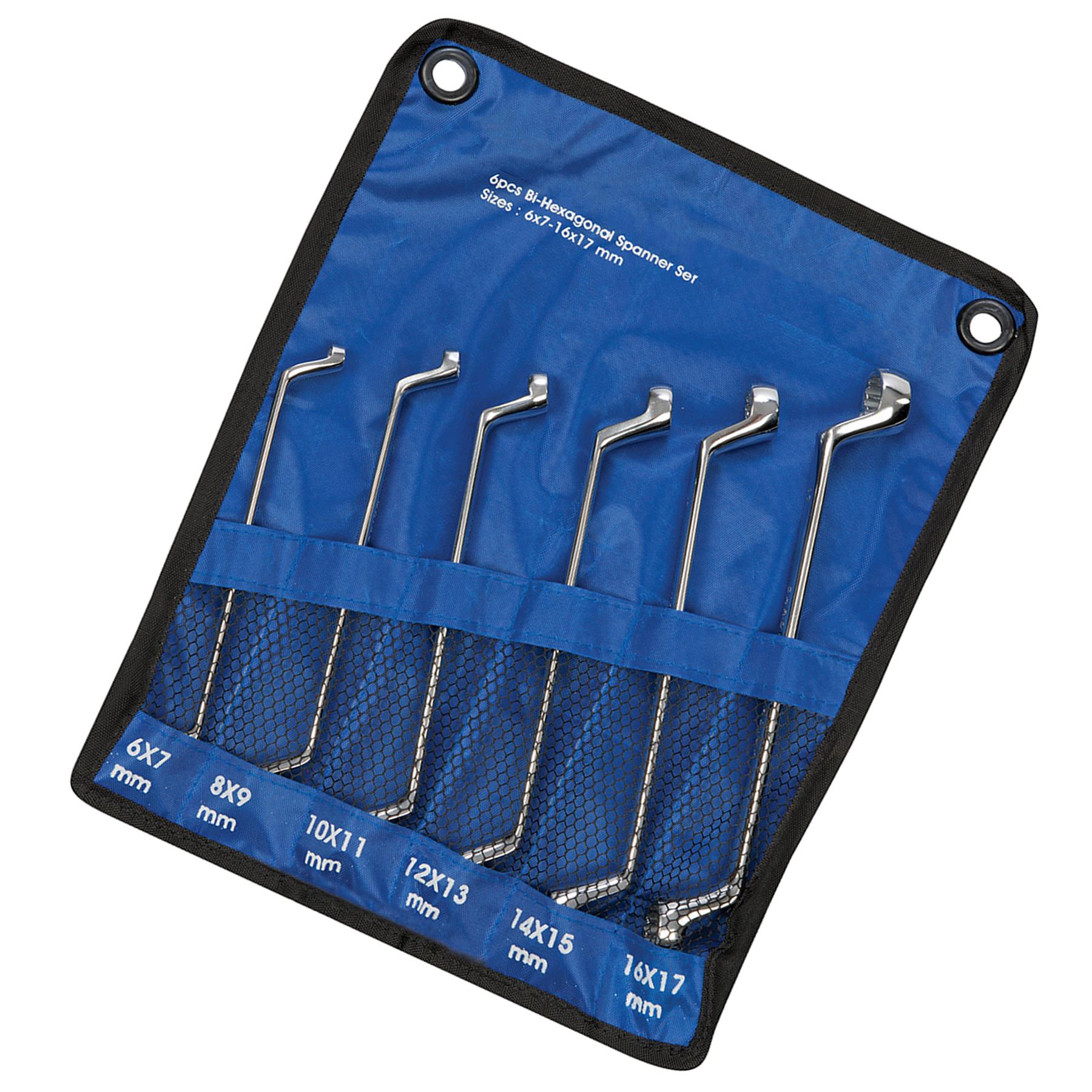6mm - 17mm Deep Offset Bi-Hex Swan Neck Ring Spanner Metric Polished Crv 6Pc Set
