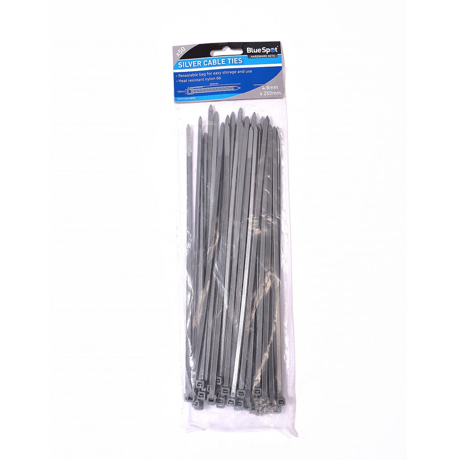 BlueSpot Cable Zip Ties 50pce Silver Nylon Wraps High Quality Strong 4.8mm X 250mm