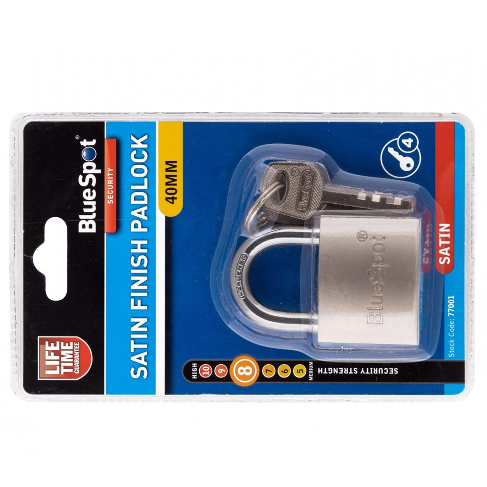 Bluespot 40mm Satin Finish Padlock Hardened Shackle Brass Cylinder 4 Keys