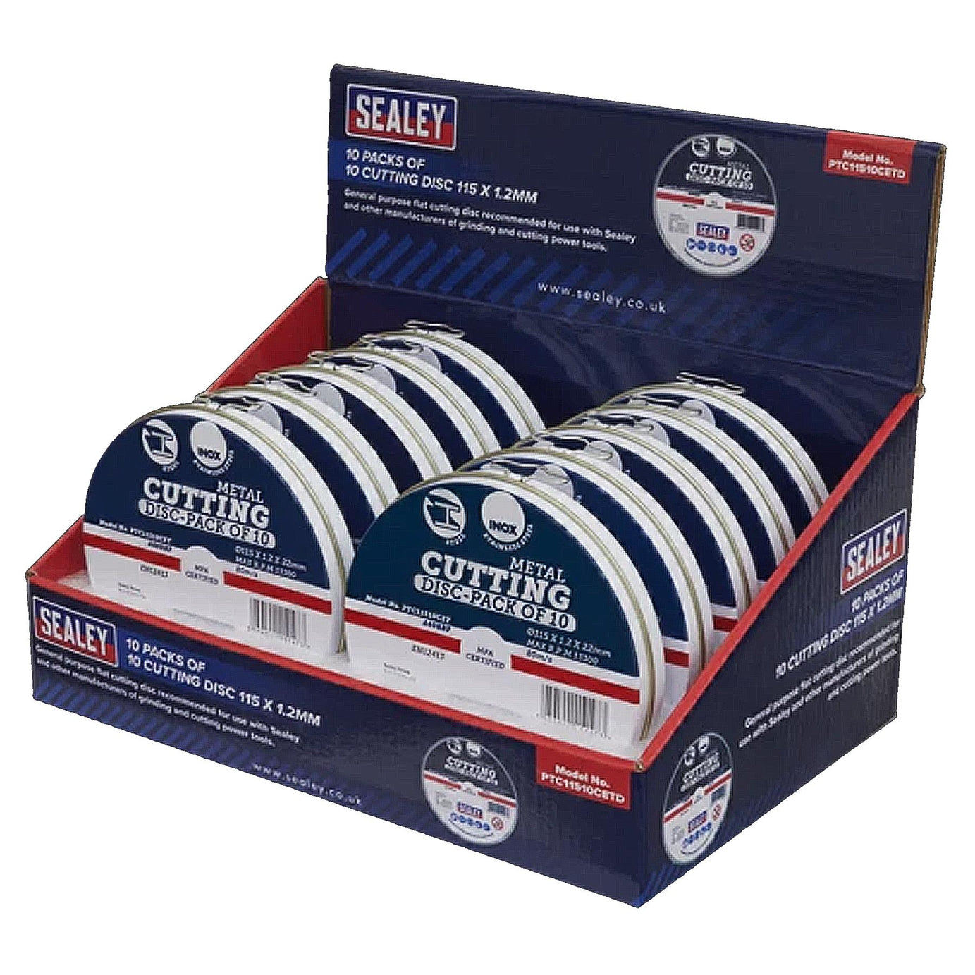 Sealey Cutting Disc 115 x 1.2mm Display Box 10 Packs of 10