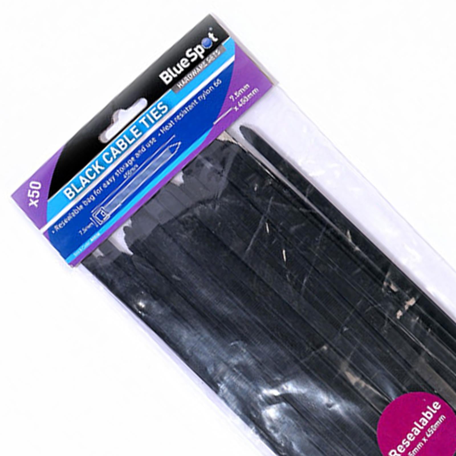 Reusable Cable Ties 7.5mm x 450mm Releasable Black Heavy Duty Zip Tie BlueSpot