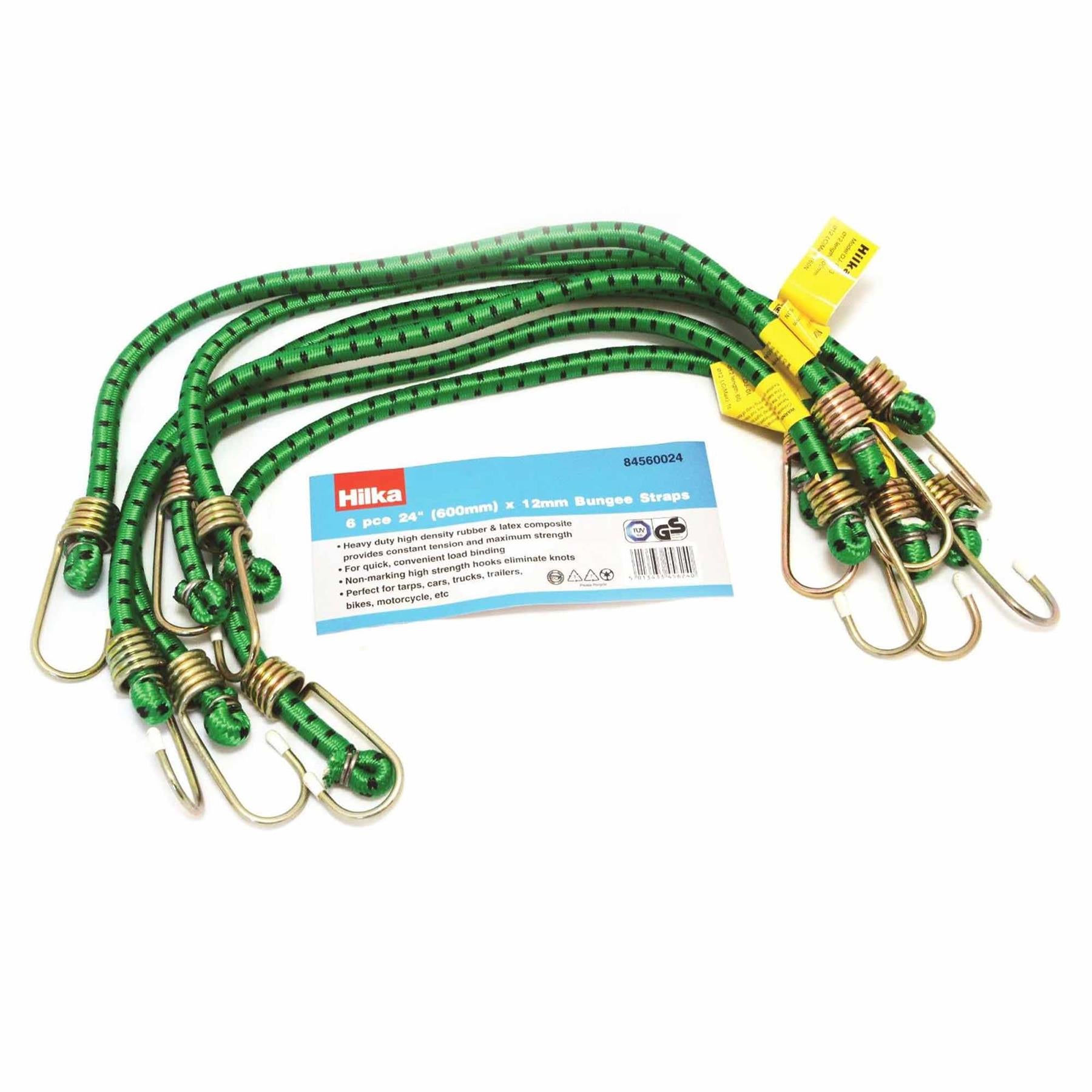 Heavy Duty 6 pce rubber & latex 24" (600mm) x 12mm metal hooks with rubber tip Bungee Straps