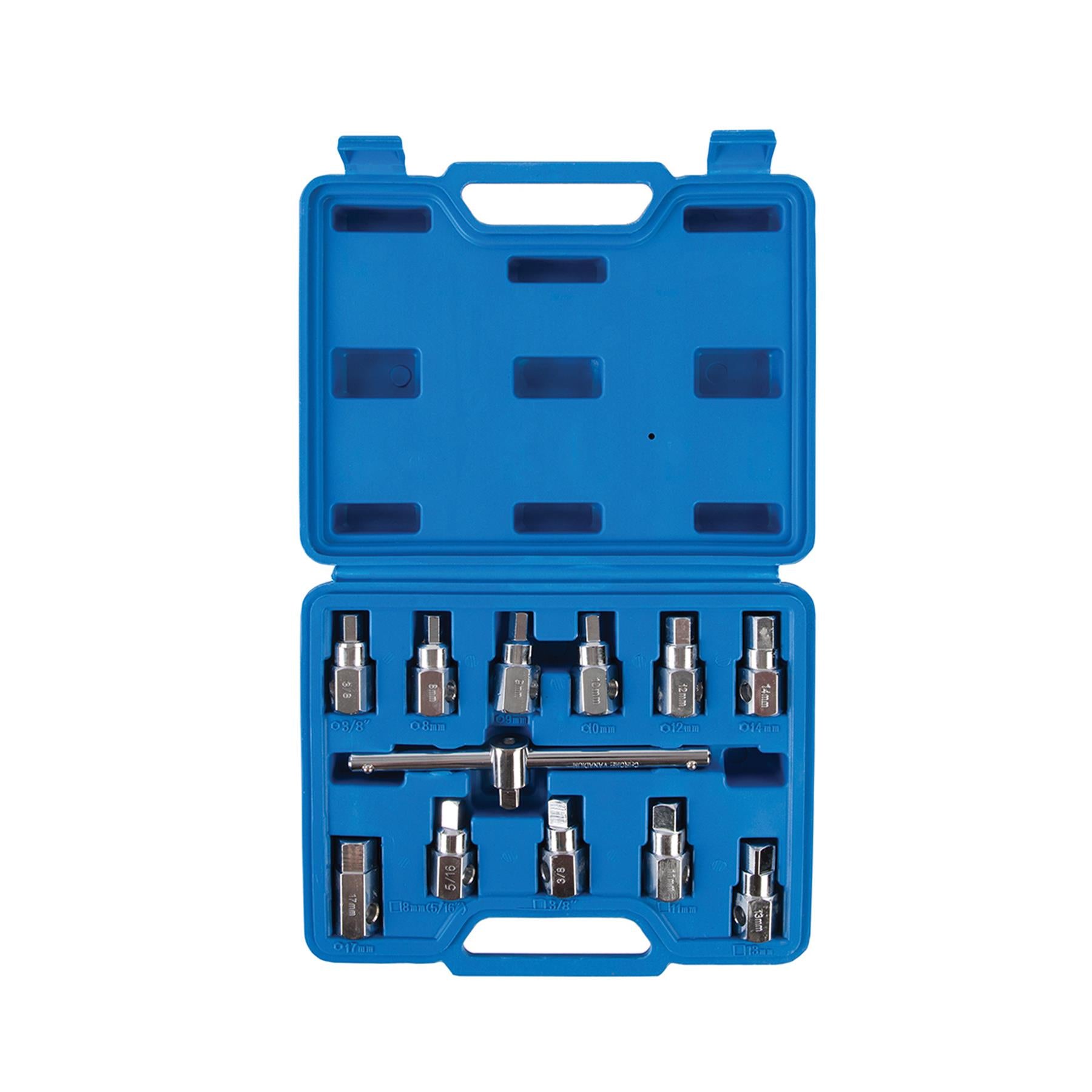 Universal Drain Plug Key Set 12Pc 3/8" / 8 - 17mm Hexagonal And Square Shaped
