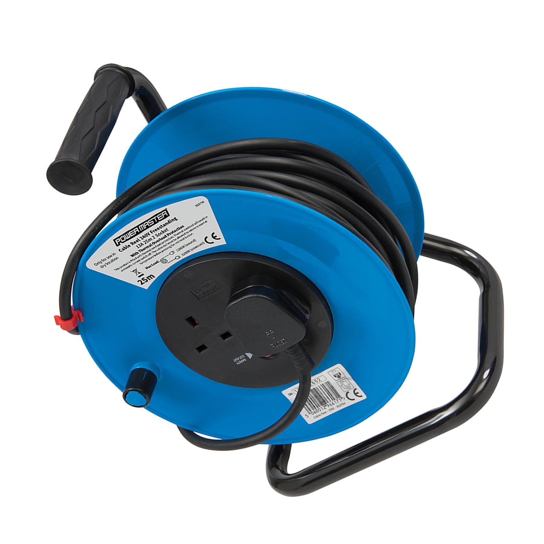 Cable Reel 240V Freestanding 13A 25M 2 Socket Maximum Load 13A Cable Rewind