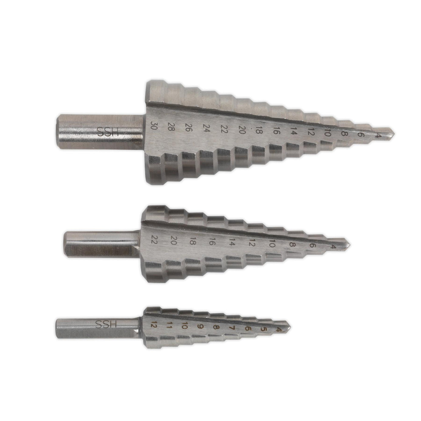 Sealey 3pc Step Drill Bit Set HSS 4341 Double Straight Flute 4-30mm AK4746