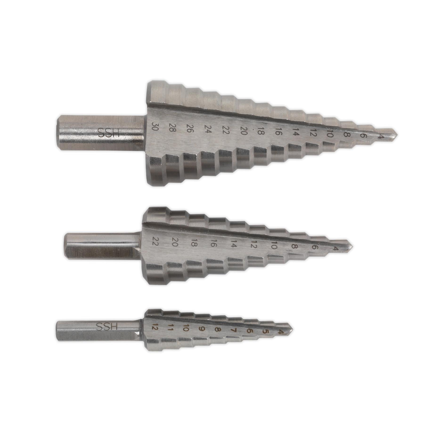 Sealey 3pc Step Drill Bit Set HSS 4341 Double Straight Flute 4-30mm AK4746