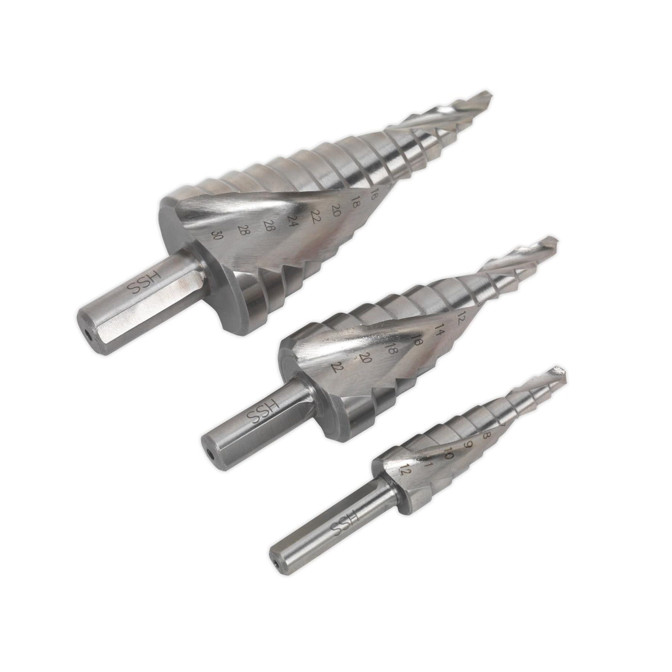 Sealey 3pc Spiral Step Drill Bit Set HSS M2 Spiral Flute Ø4-30mm Hole Cutter