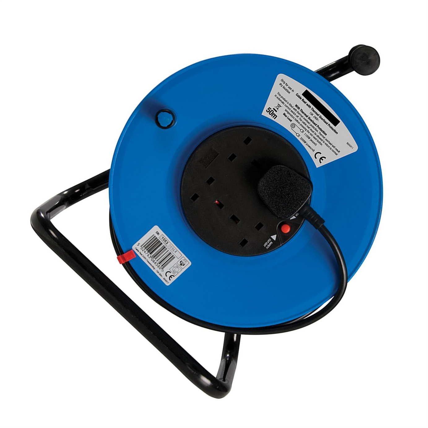 50M Mains Extension Cable Reel 240V Freestanding 13A 4 Socket Overload Protect