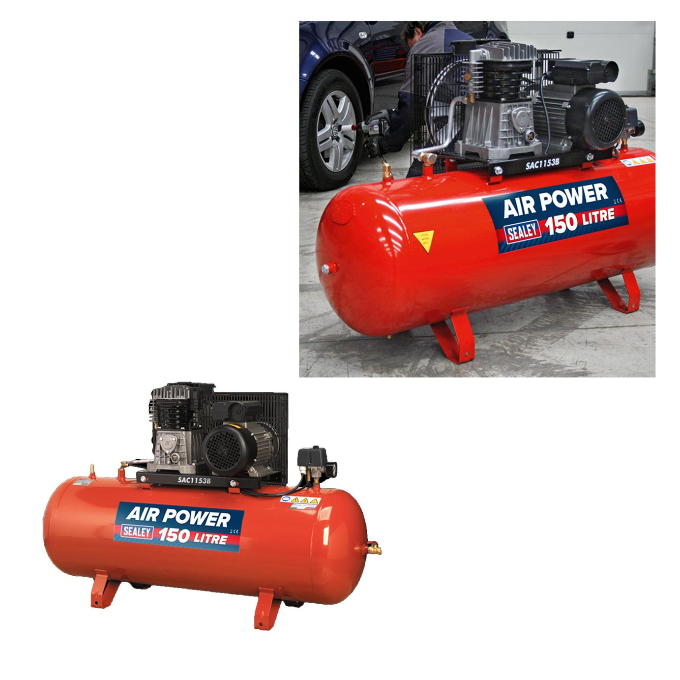 Sealey SAC1153B Air Compressor 150L Belt Drive 3hp with Cast Cylinders