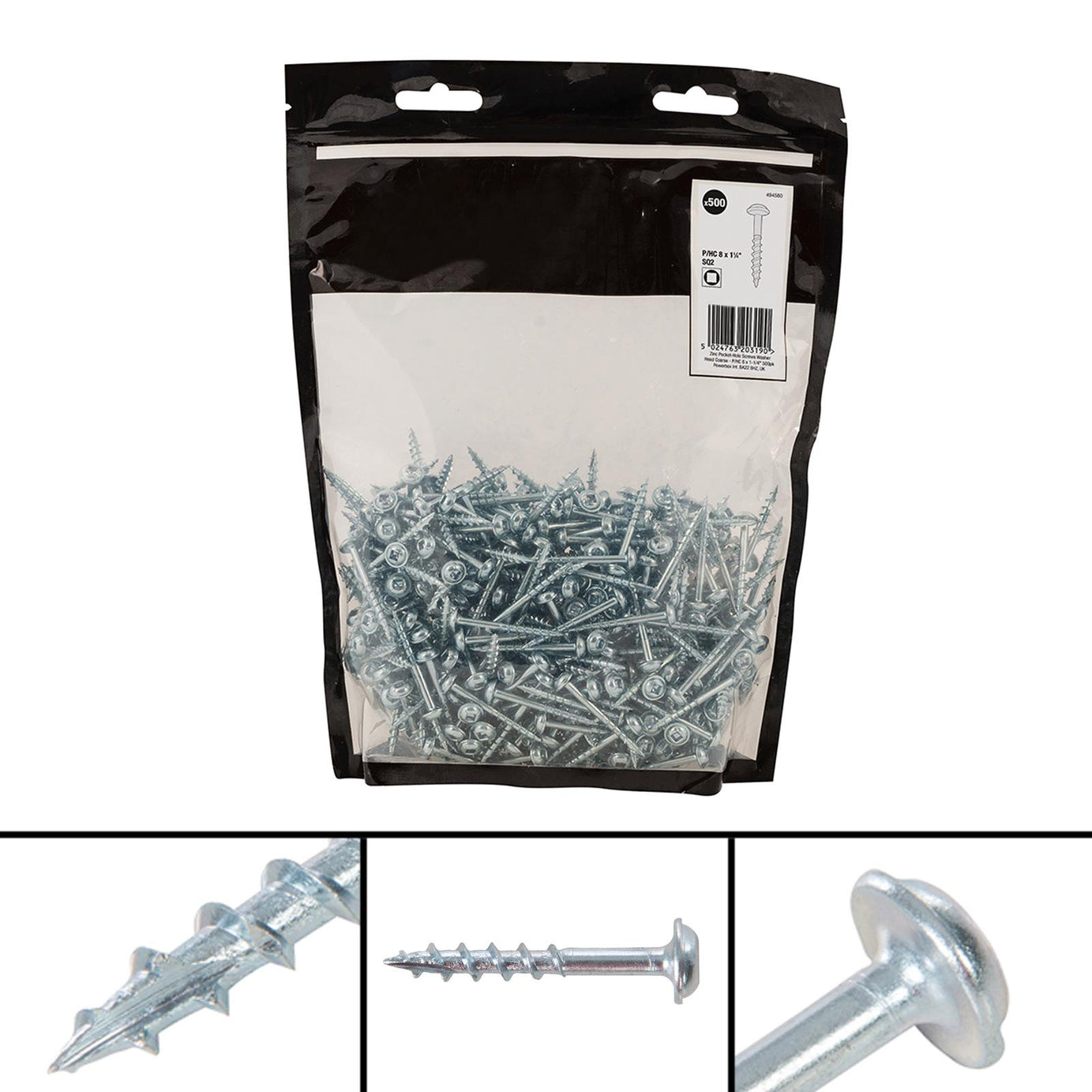 Zinc Pocket-Hole Screws Washer Head Coarse Thread Rust Resistant- 8x1-1/4" 500pk