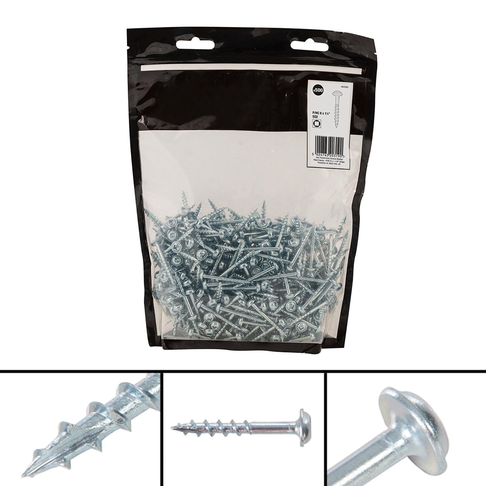 Zinc Pocket-Hole Screws Washer Head Coarse Thread Rust Resistant- 8x1-1/4" 500pk