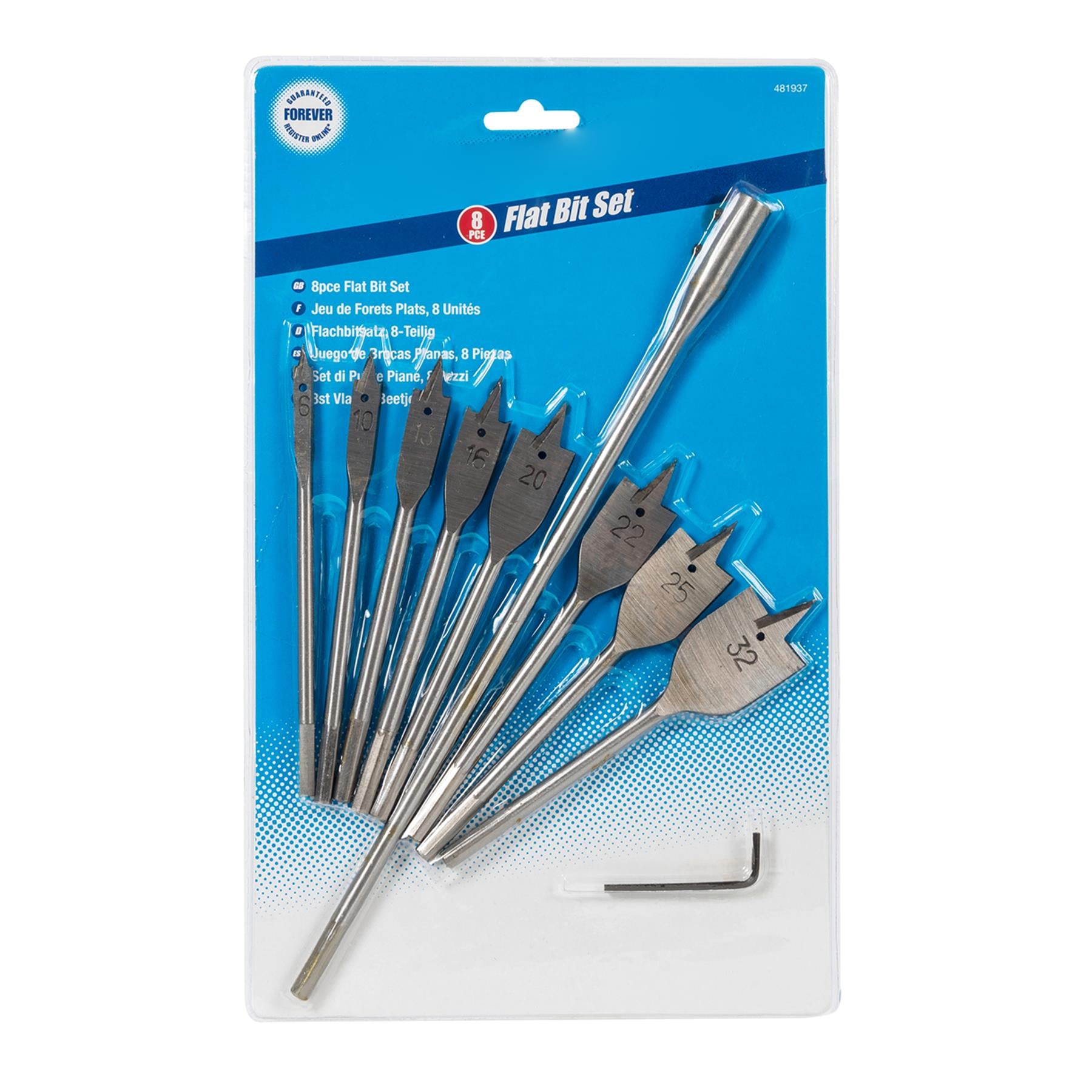 10Pce Flat Bit & Extension Arm Set 6 - 32mm Hardened High Carbon Steel