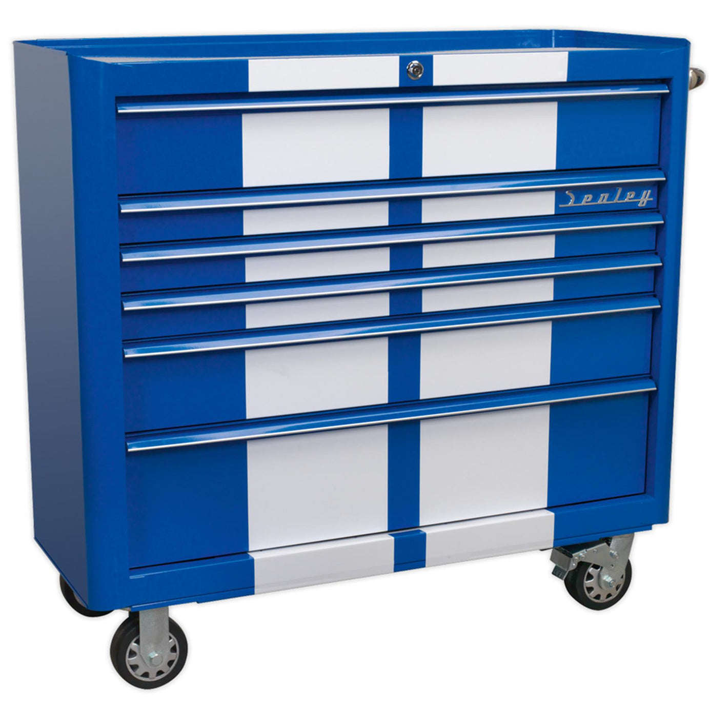 Sealey Rollcab 6 Drawer Wide Retro Style - Blue with White Stripes