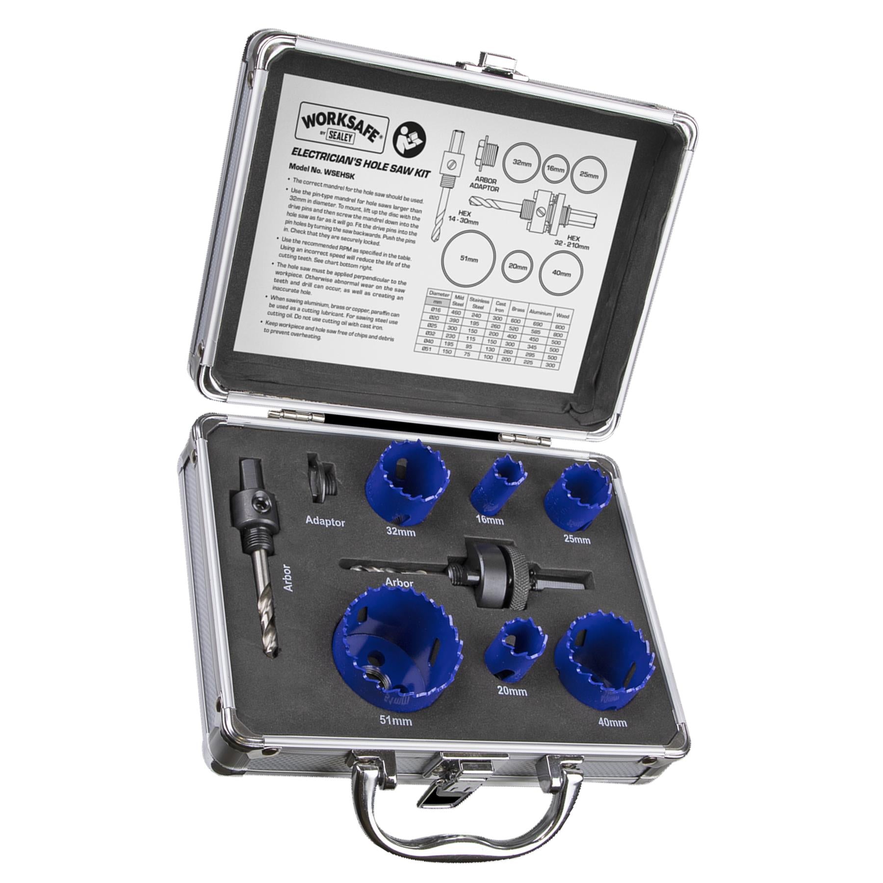 9 Piece Electricians Hole Saw Kit. Professional quality kit Sealey