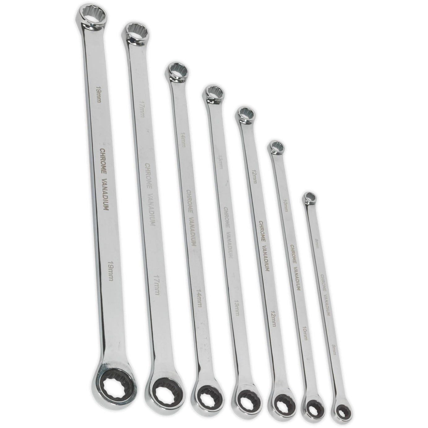 Sealey Double Ring Ratchet/Fixed Spanner Set 7pc Extra-Long Metric