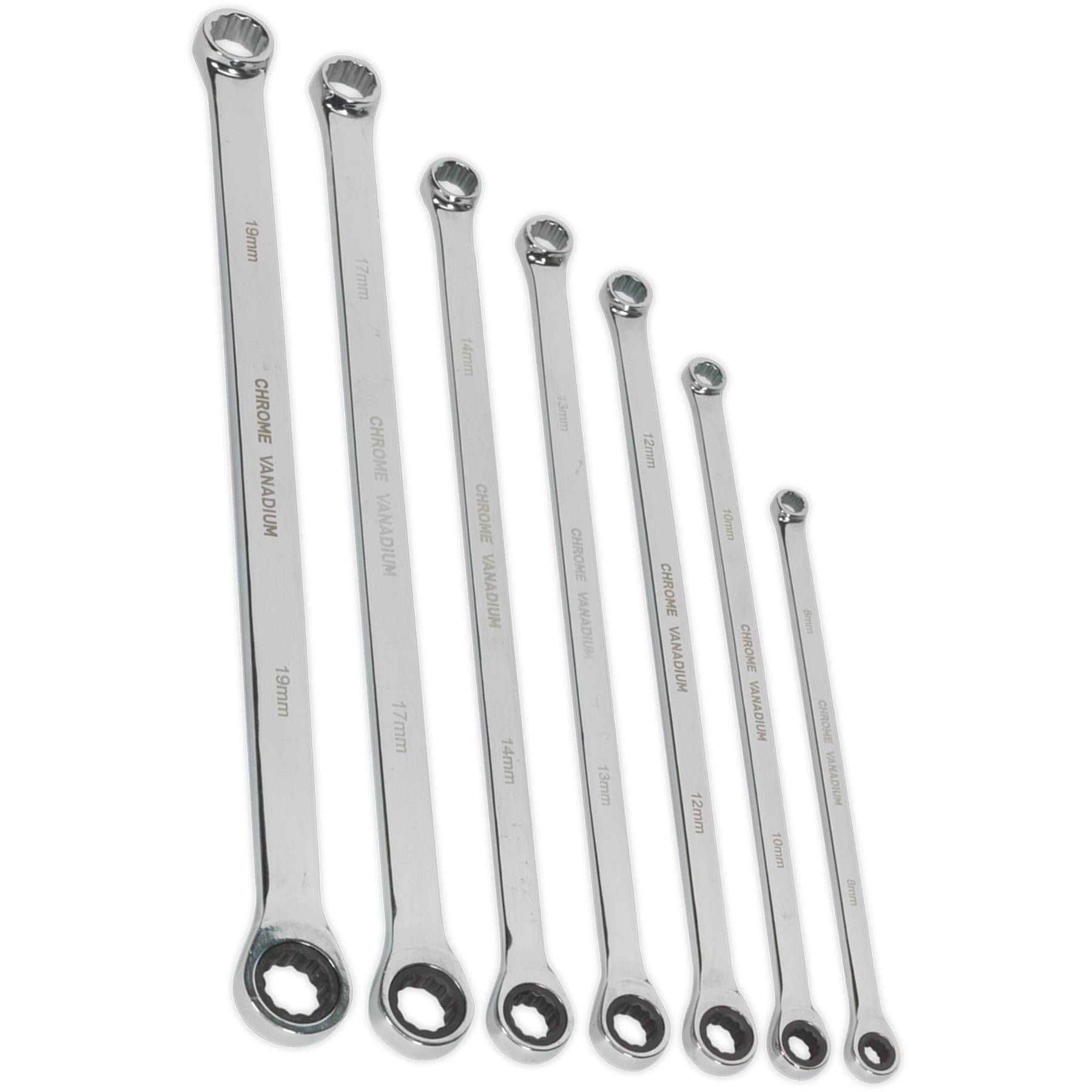 Sealey Double Ring Ratchet/Fixed Spanner Set 7pc Extra-Long Metric