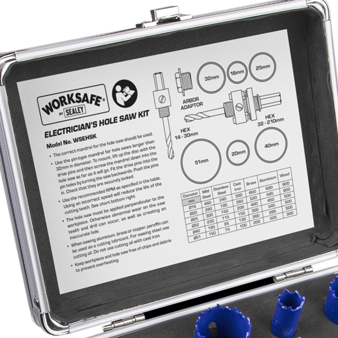 9 Piece Electricians Hole Saw Kit. Professional quality kit Sealey