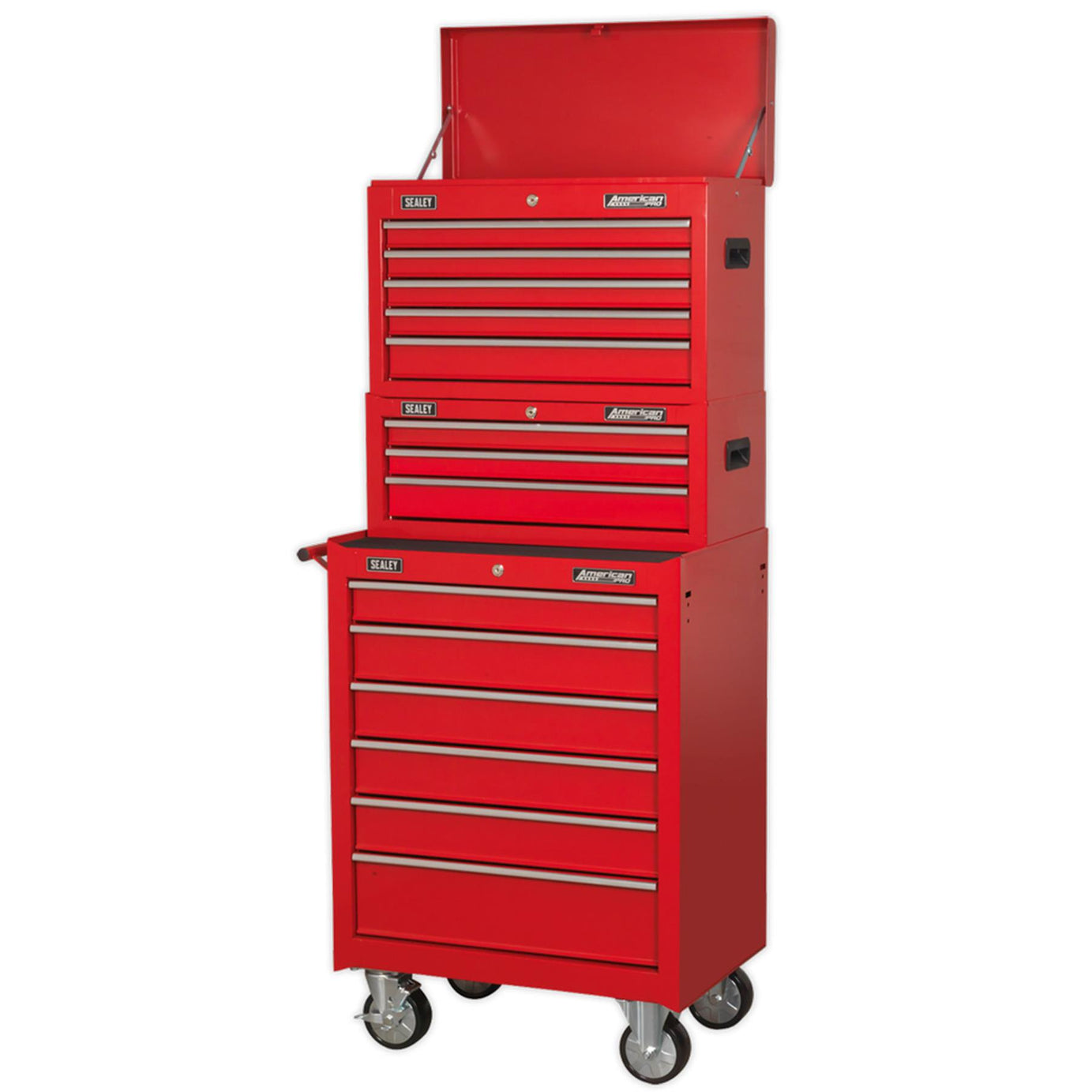 Sealey Topchest, Mid-Box & Rollcab 14 Drawer Stack - Red
