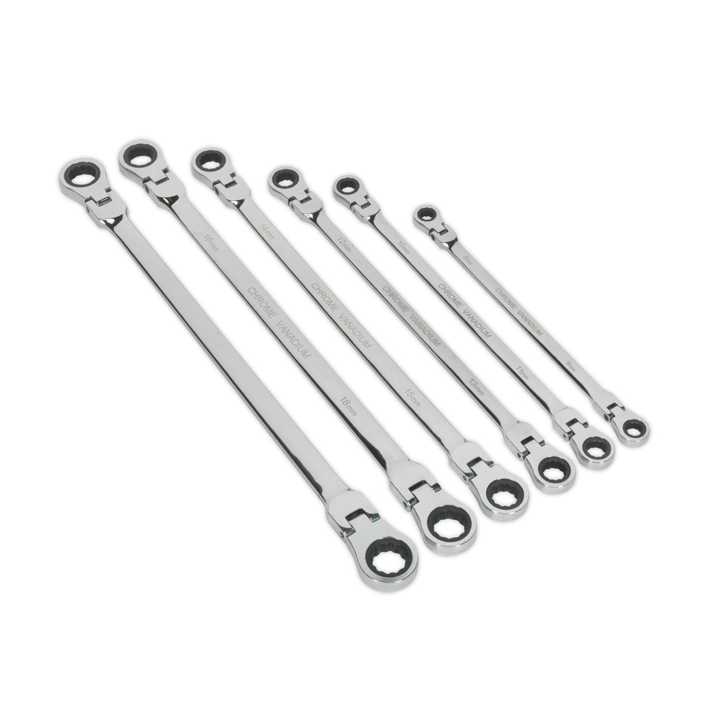 Sealey Flexi-Head Double End Ratchet Ring Spanner Set 6pc Extra-Long Metric
