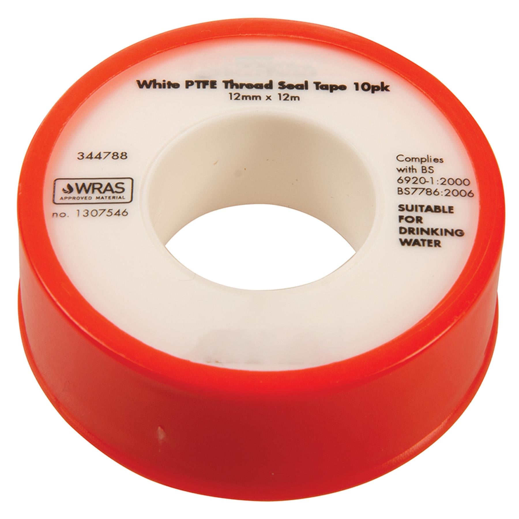 White PTFE TAPE Threaded Seal Fitting Water Plumbing Tape 12mm x 12m Pack of 10