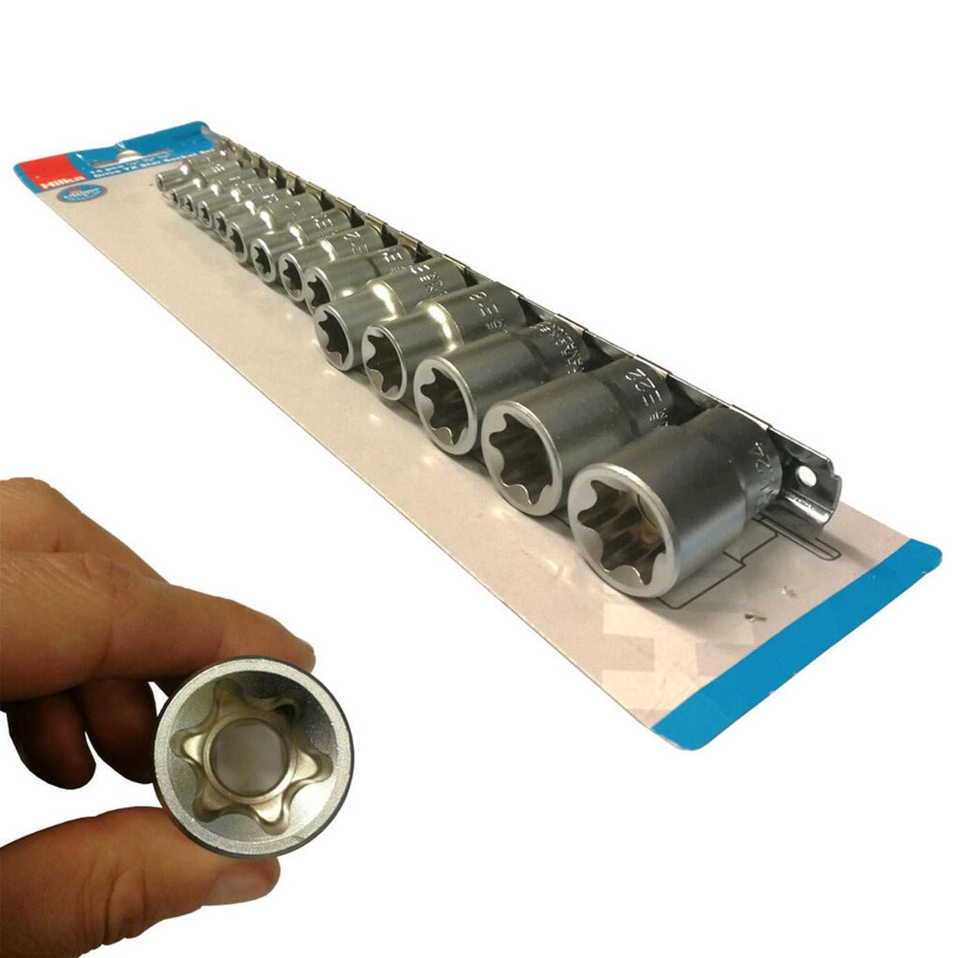 Hilka Female TORX Bit STAR E Socket Set on Rail 1/4” 3/8” & 1/2” Drive. 14 TORX