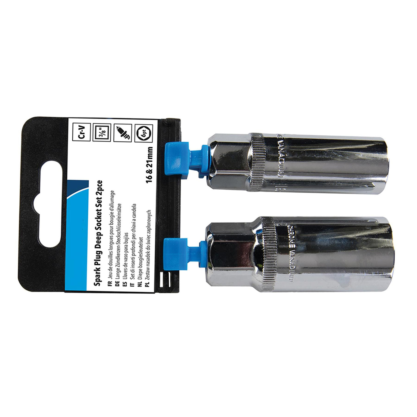 2 Pce 3/8" Spark Plug Deep Socket Set 16mm & 21mm Chamfered End Positive Nut Loc