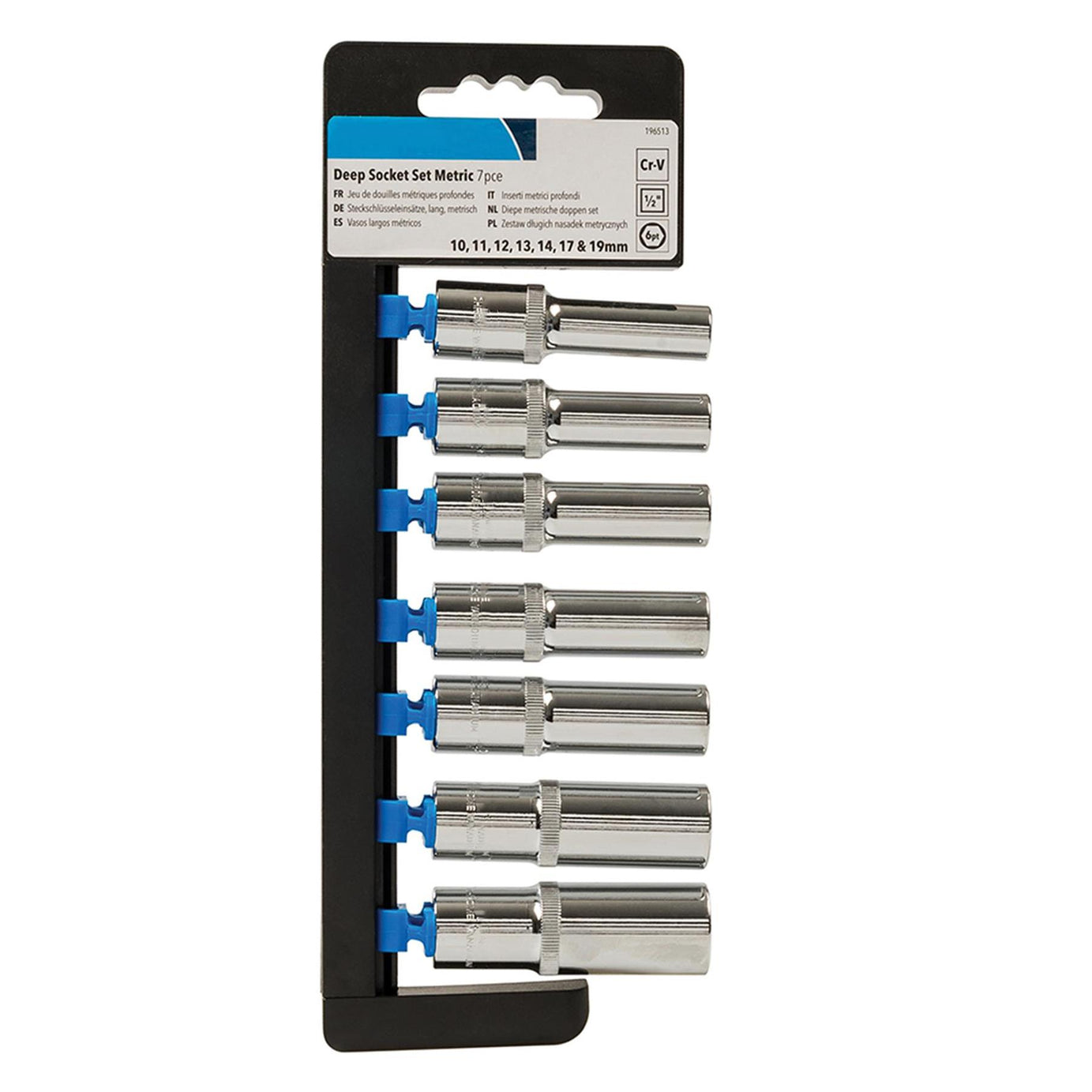 7 Pce 1/2" Deep Drive Metric Socket Set 10mm - 19mm Chrome Vanadium Heavy Duty