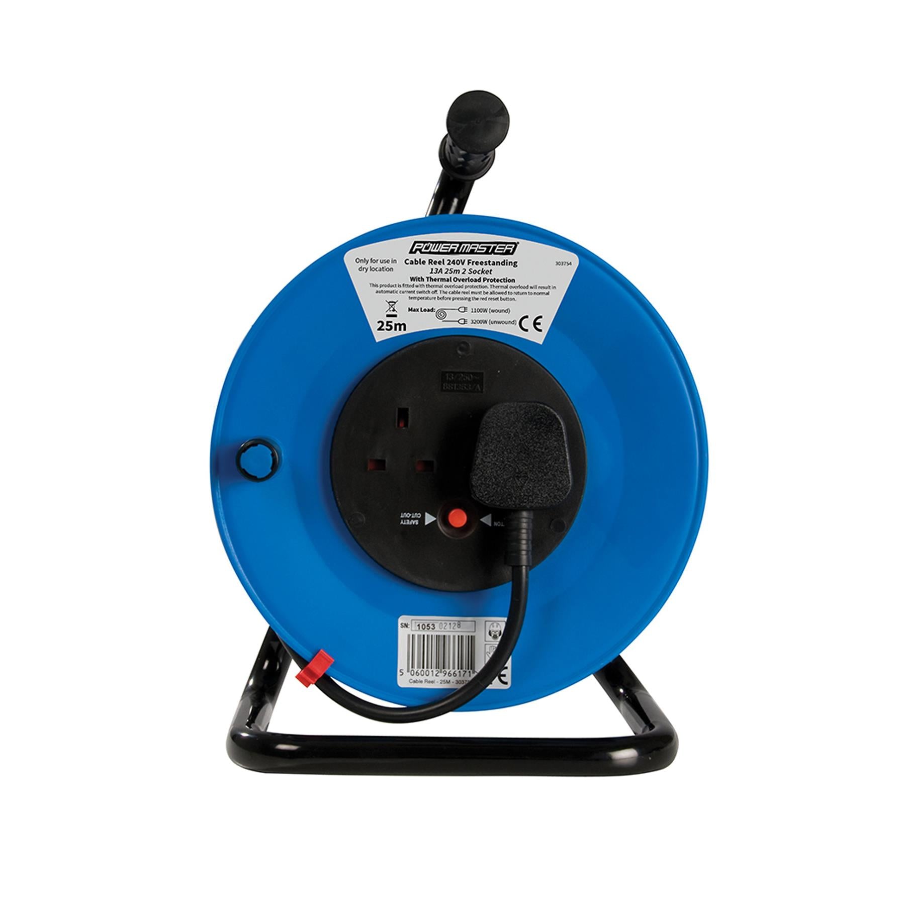 Cable Reel 240V Freestanding 13A 25M 2 Socket Maximum Load 13A Cable Rewind