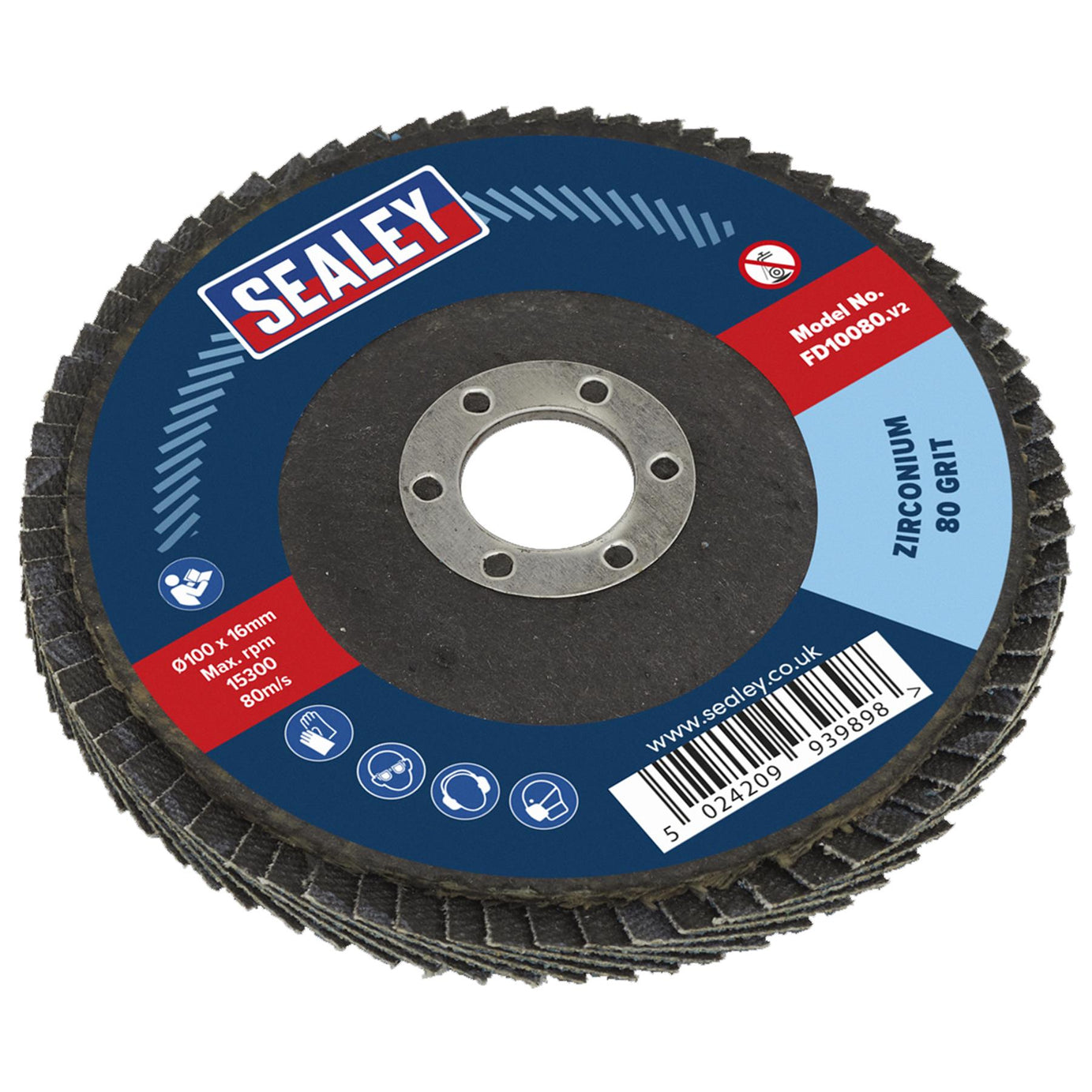 Sealey Flap Disc Zirconium 100mm 16mm Bore 80Grit