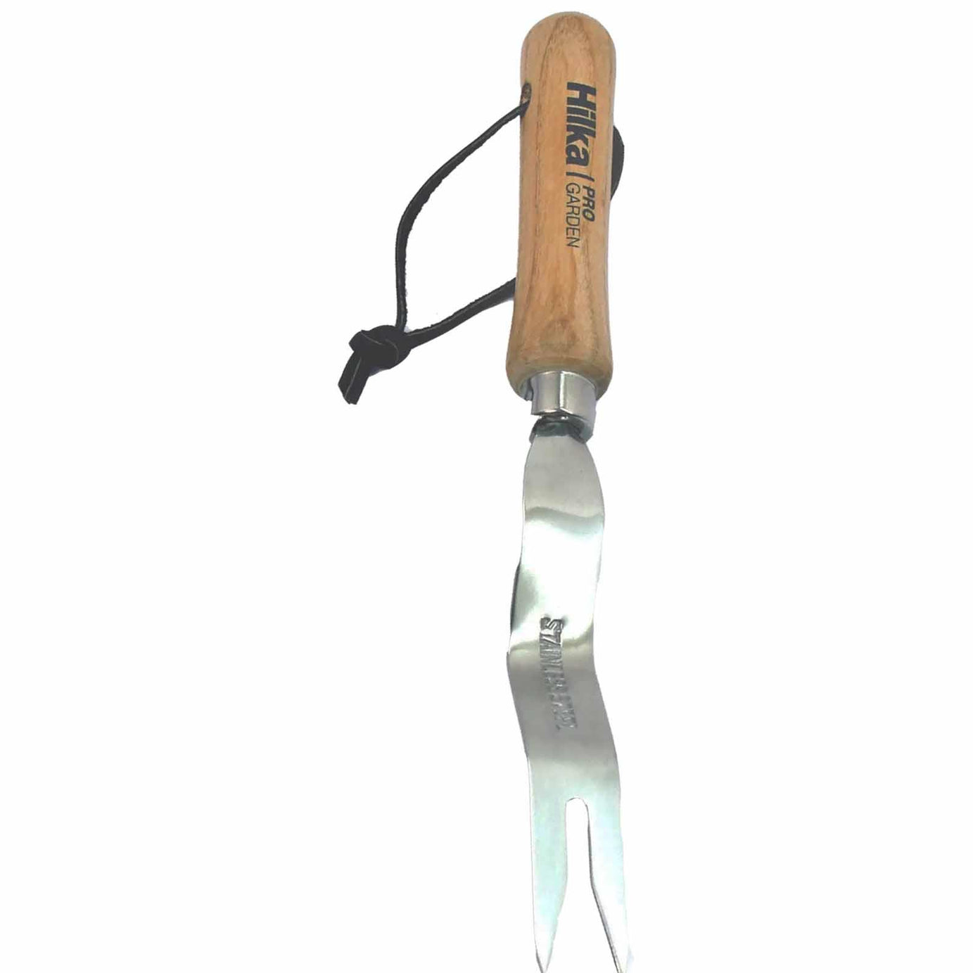 Stainless Steel Hand Weeder with a hardwood handle and leather strap