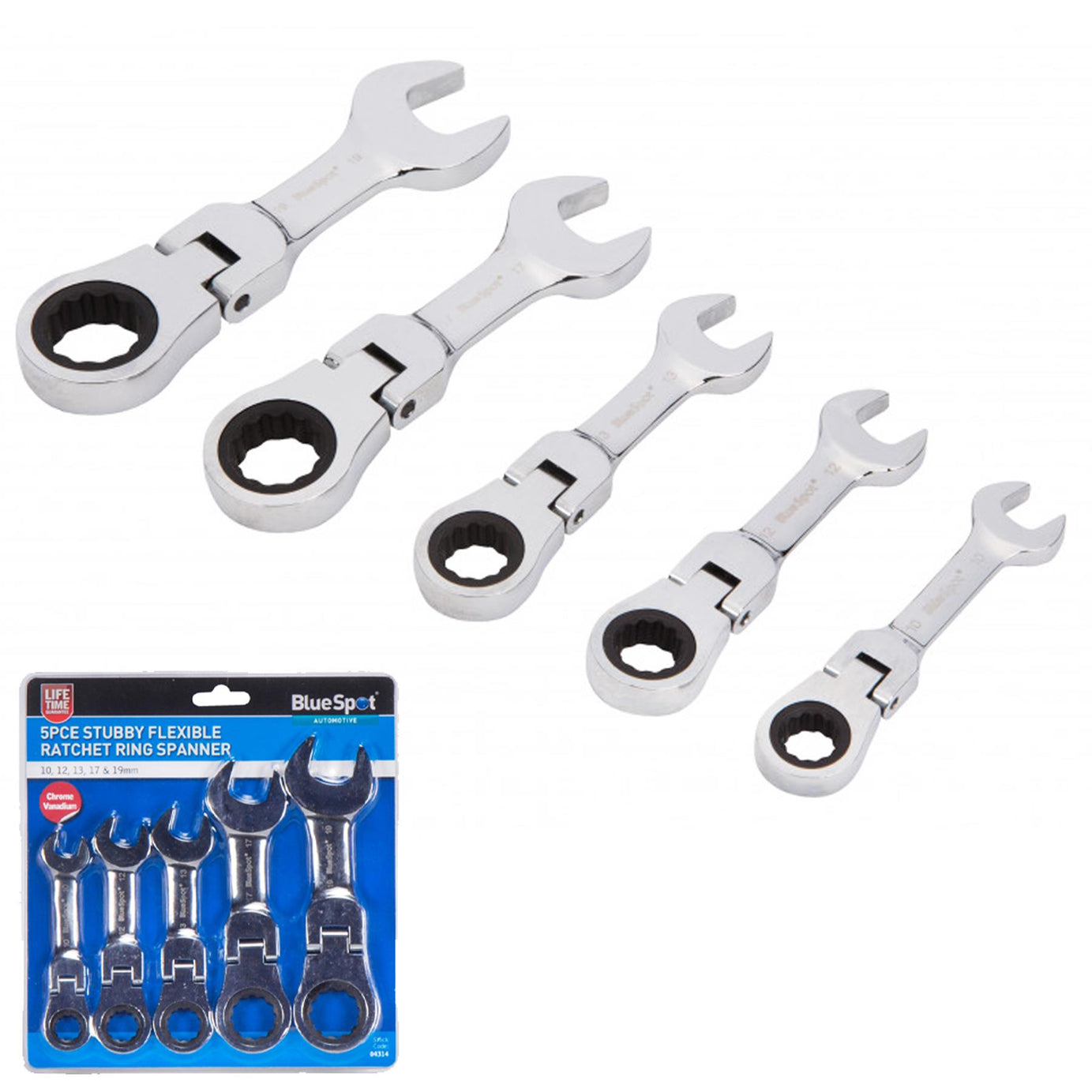BlueSpot 5Pcs Stubby Ratchet Spanner Set Flexible Head Combination 10mm - 19mm
