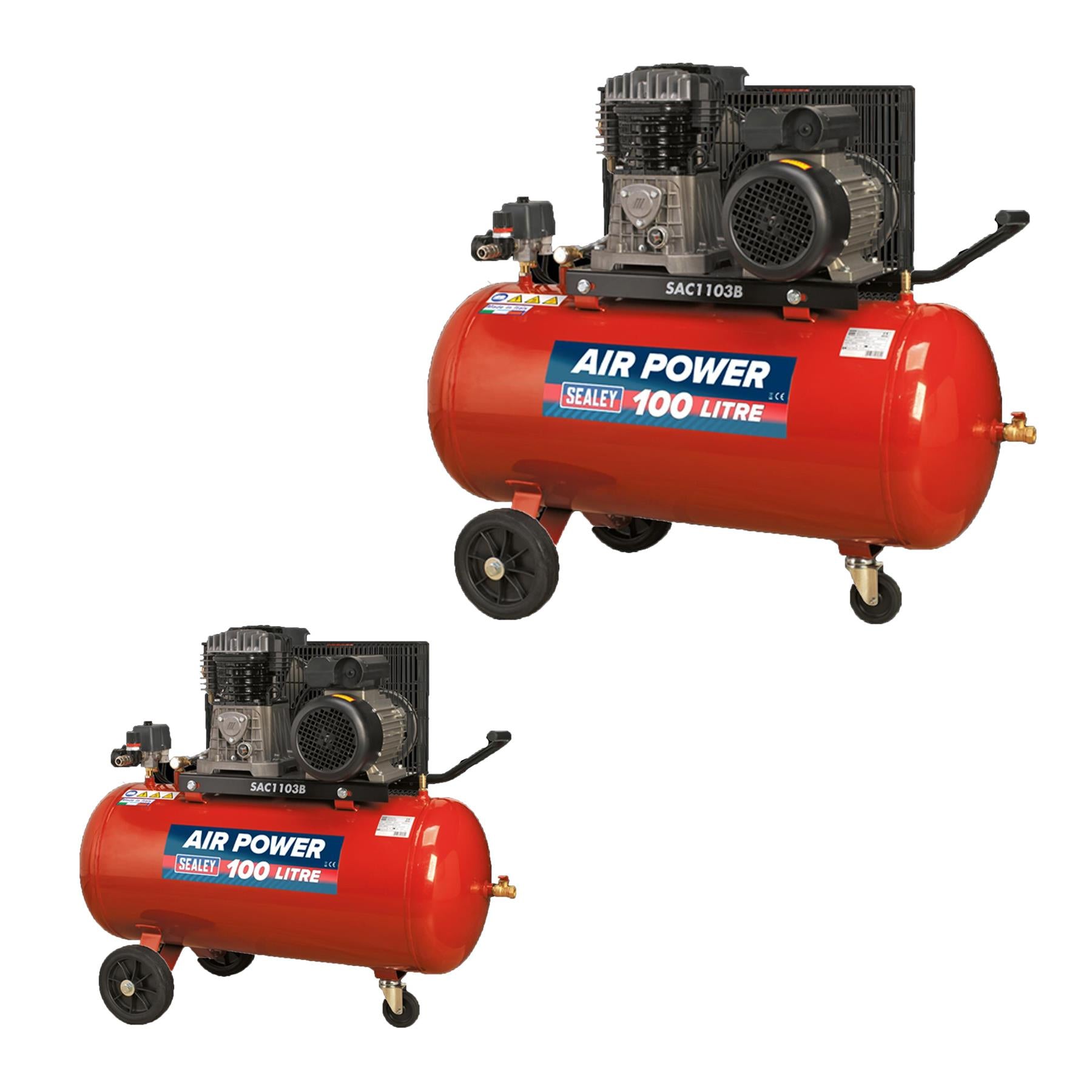 Sealey Compressor 100L Belt Drive 3HP With Cast Cylinders & Wheels
