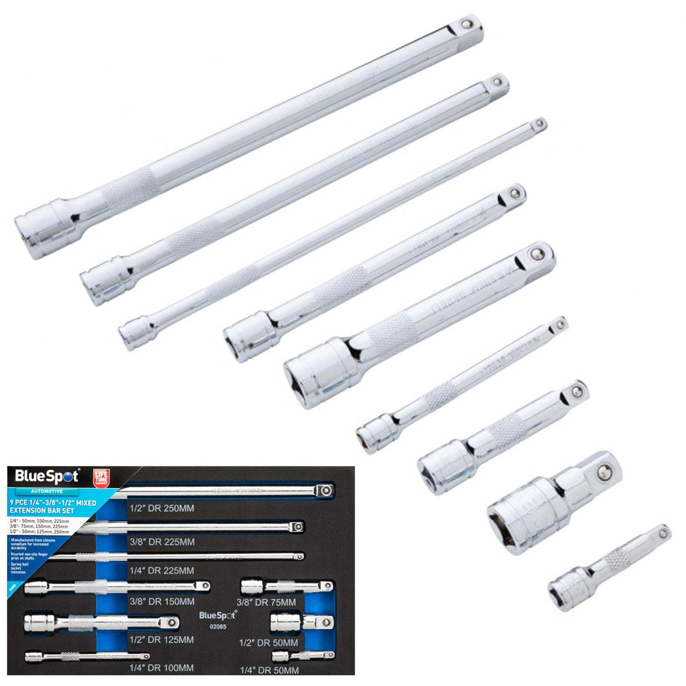 BlueSpot 9pc 1/4" 3/8" 1/2" dr Impact Extension Bar Set, Socket Bars