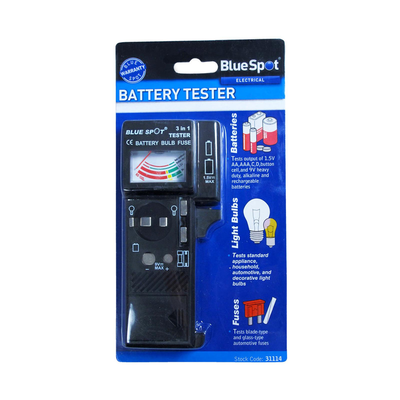 BlueSpot Battery Bulb & Fuse Tester Continuity Test Bulbs Load Test 1.5v AAA AA 9v Batteries