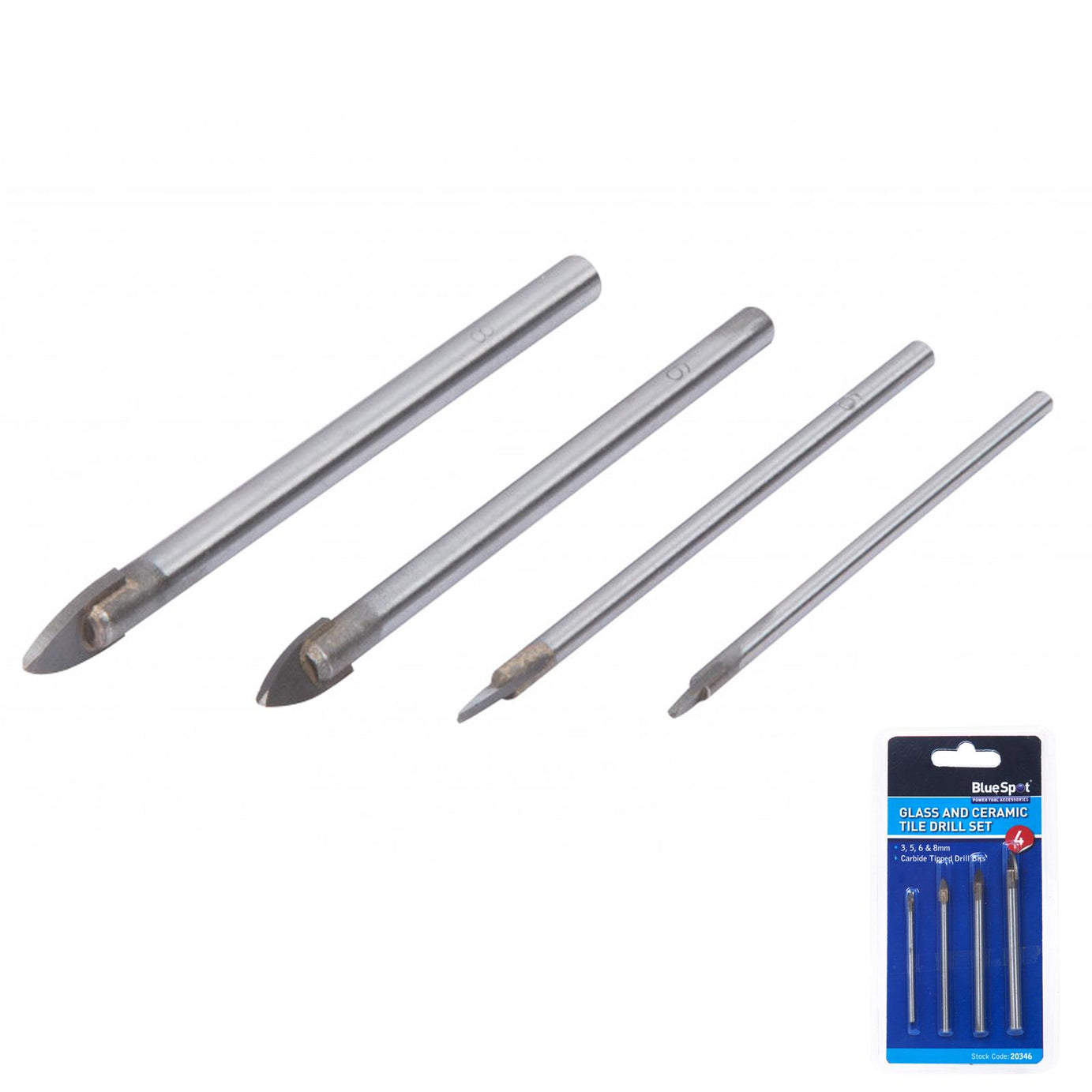 BlueSpot 4Pcs TILE & GLASS DRILL BIT SET Ceramic/Mirror Tungsten Spear Head