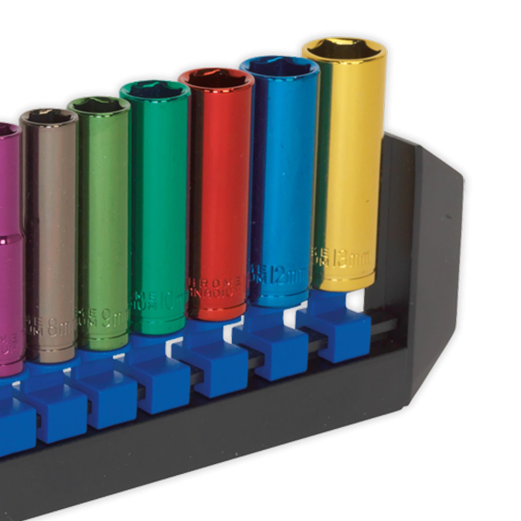 Sealey Multi-Colour Socket Set 12pc 1/4 Sq Dr 6pt Deep WallDrive MM