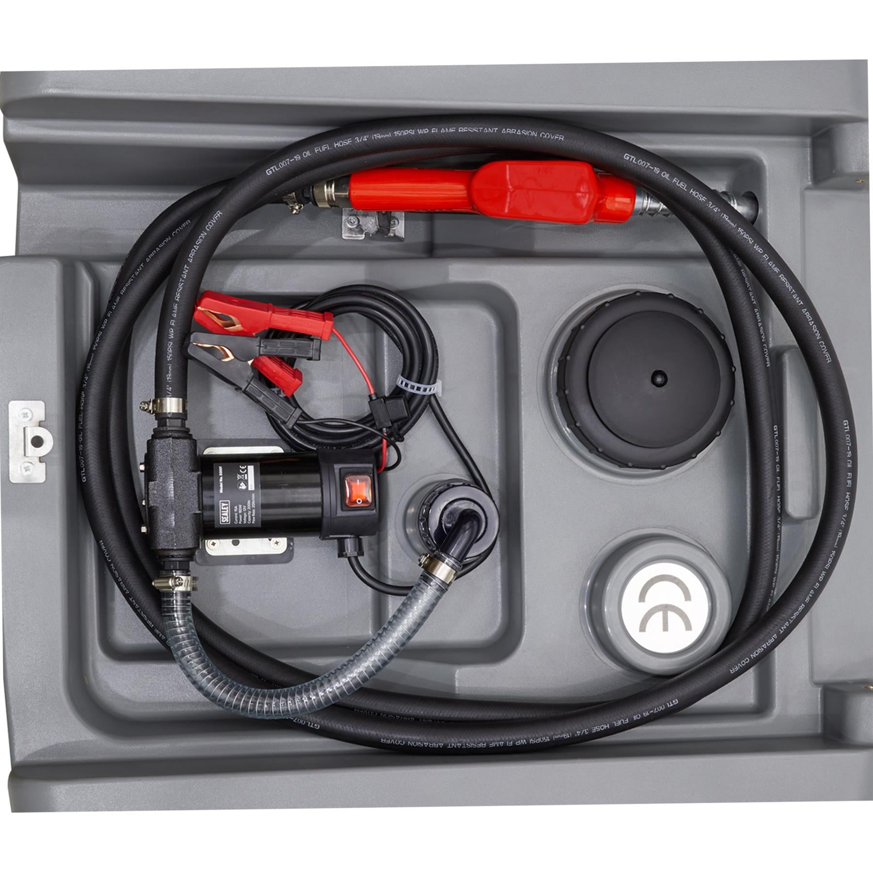 Sealey Portable Diesel Tank 200L 12V 4m Electric cable and clamps