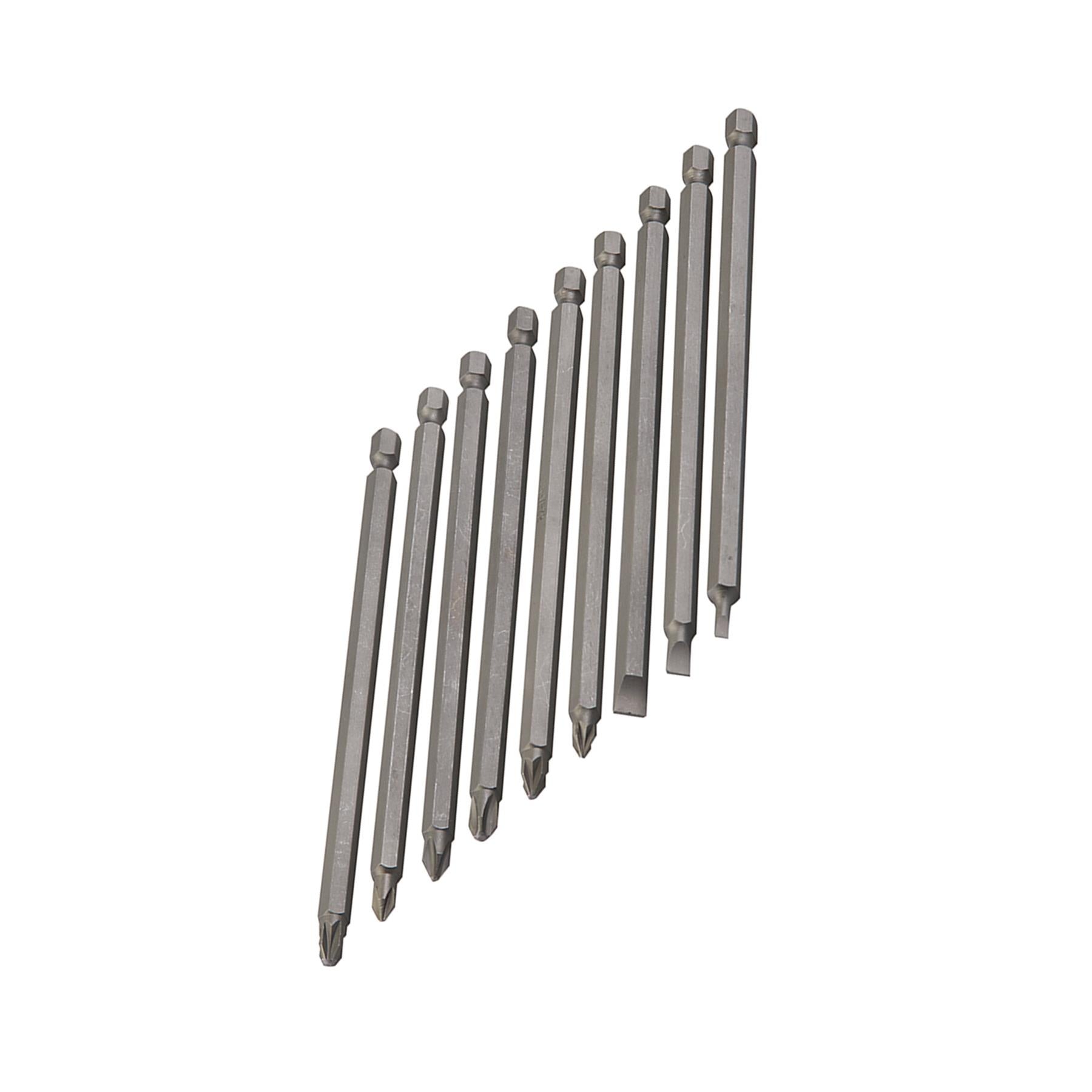 Extra-Long Power Bit Set 9Pce 150mm Chrome Vanadium Steel Slotted, Pz & Phillips
