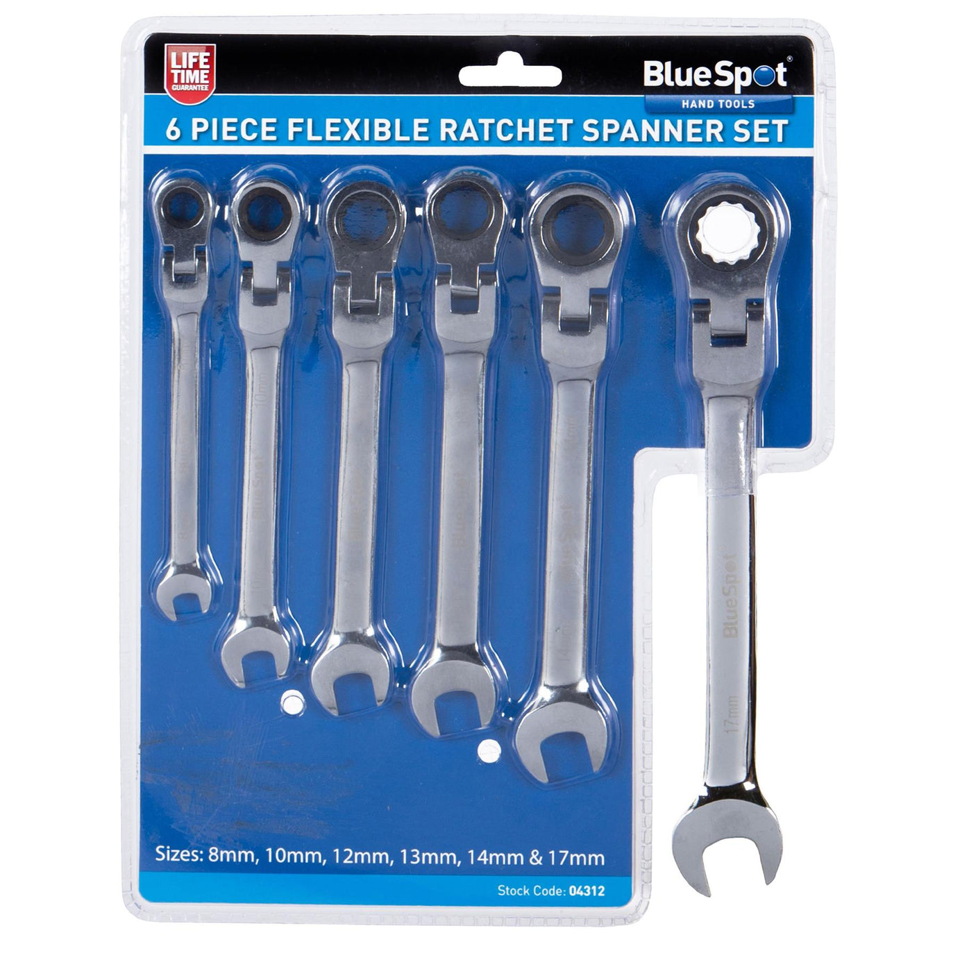 BlueSpot 6 Piece Ratchet Spanner Set Flexible Head Combination 8-17mm Open End Ring