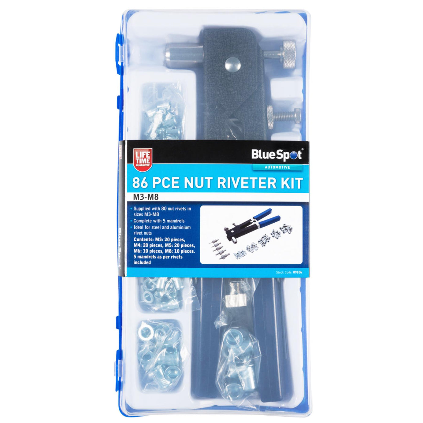 BlueSpot HD Threaded Nut Riveter Kit Rivet Gun Hand Riviter Tool M3-M8 Mandrels