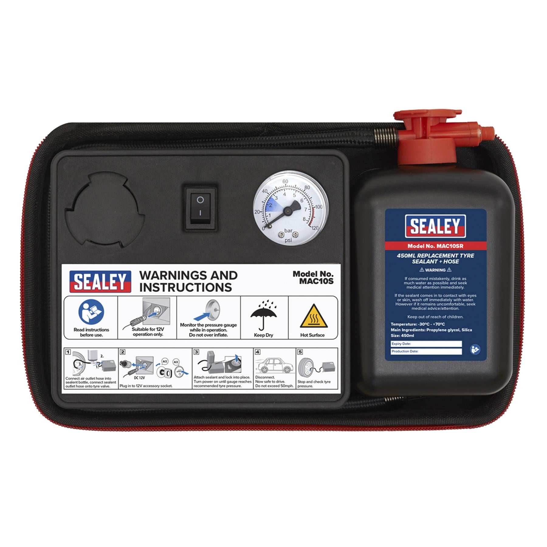 Sealey MAC10S 12V Tyre Inflator + Emergency Puncture Sealant Kit