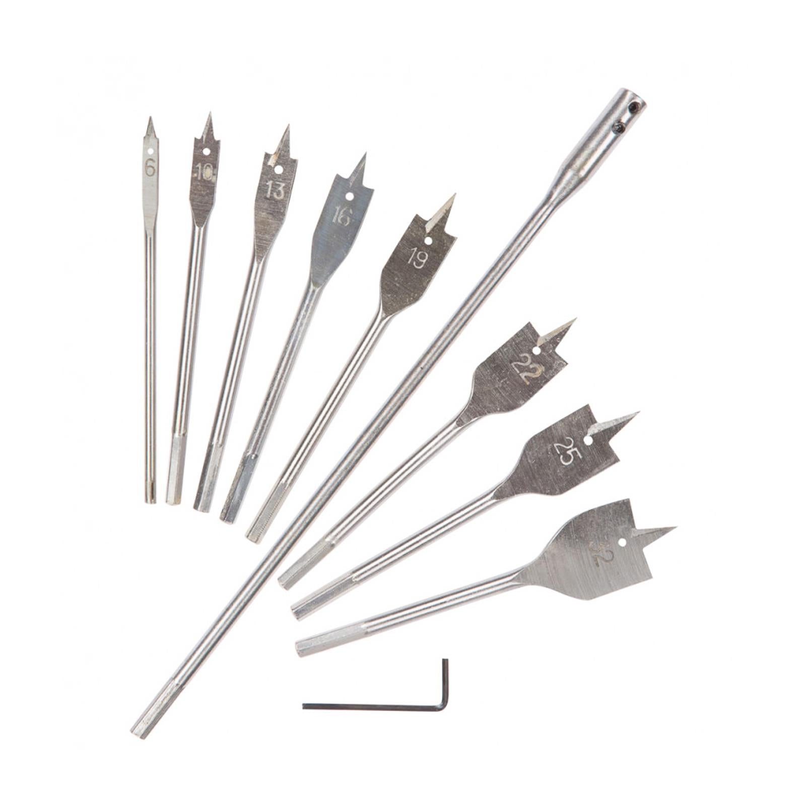 Bluespot 10pc Flat Wood Drilling Drill Bit Set 6-32mm 12" Extension Shank Hex Key Cutting