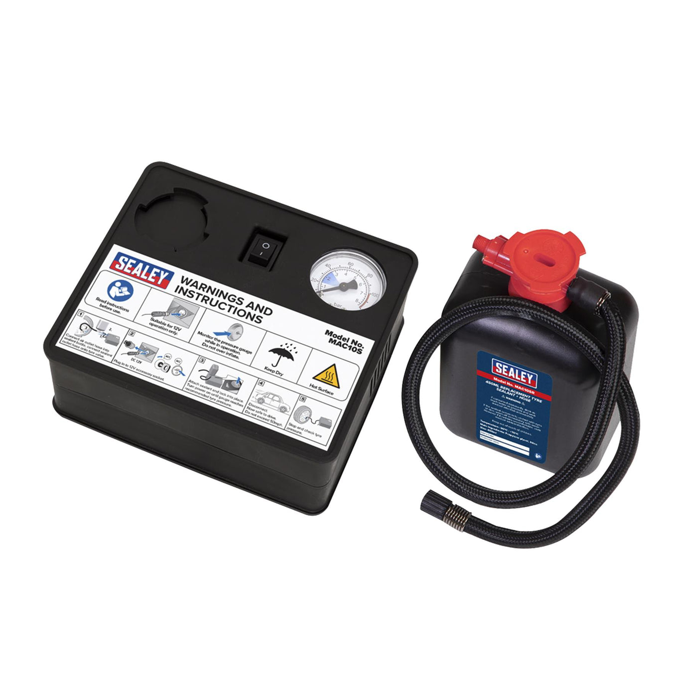 Sealey MAC10S 12V Tyre Inflator + Emergency Puncture Sealant Kit