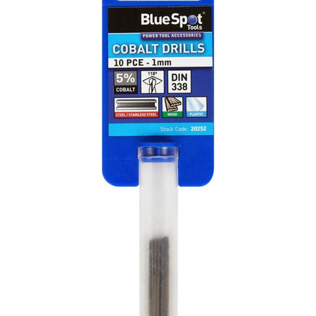 Blue Spot 10 PCE Cobalt Fully Ground 1mm Drills