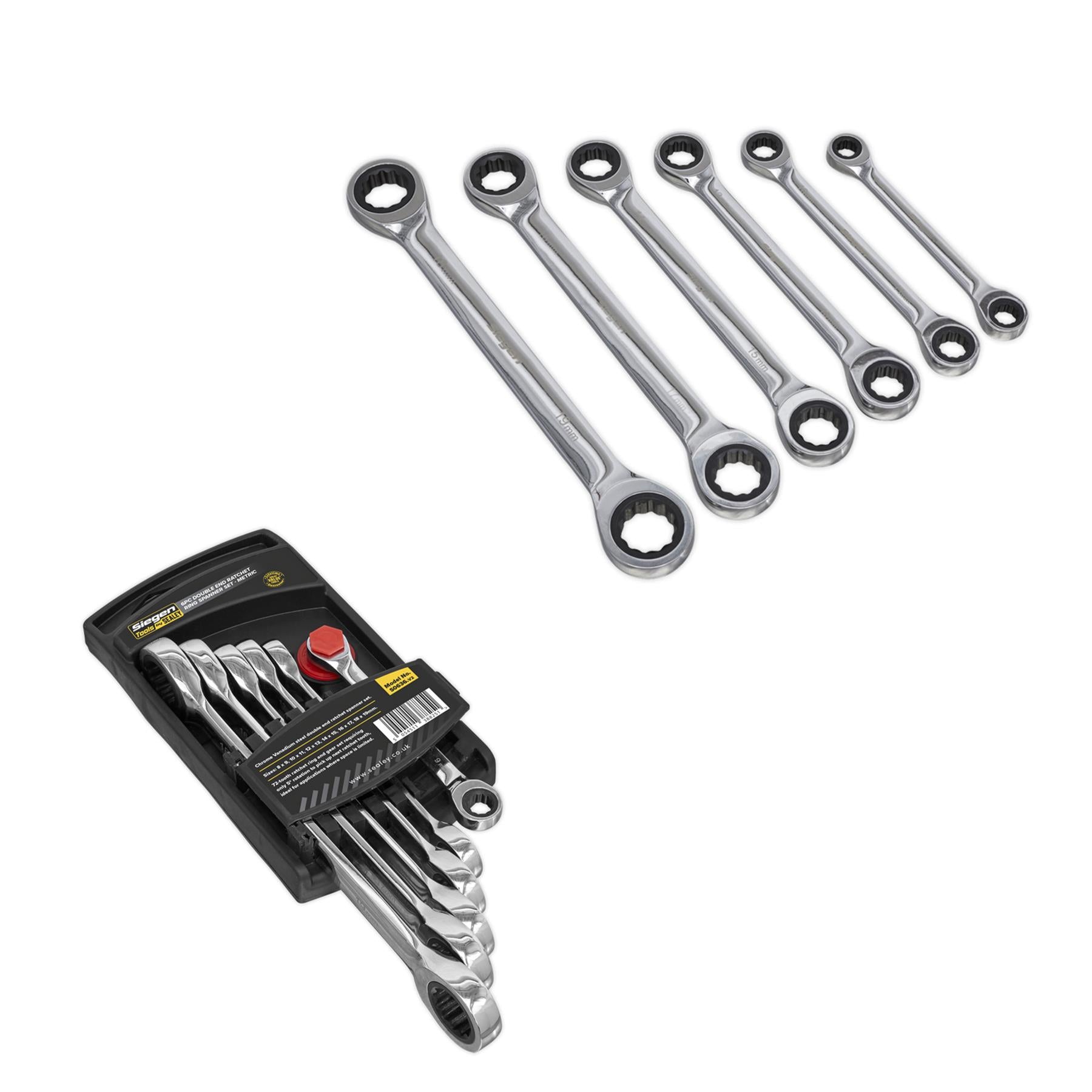 Sealey Double End Ratchet Ring Spanner Set 6pc Metric
