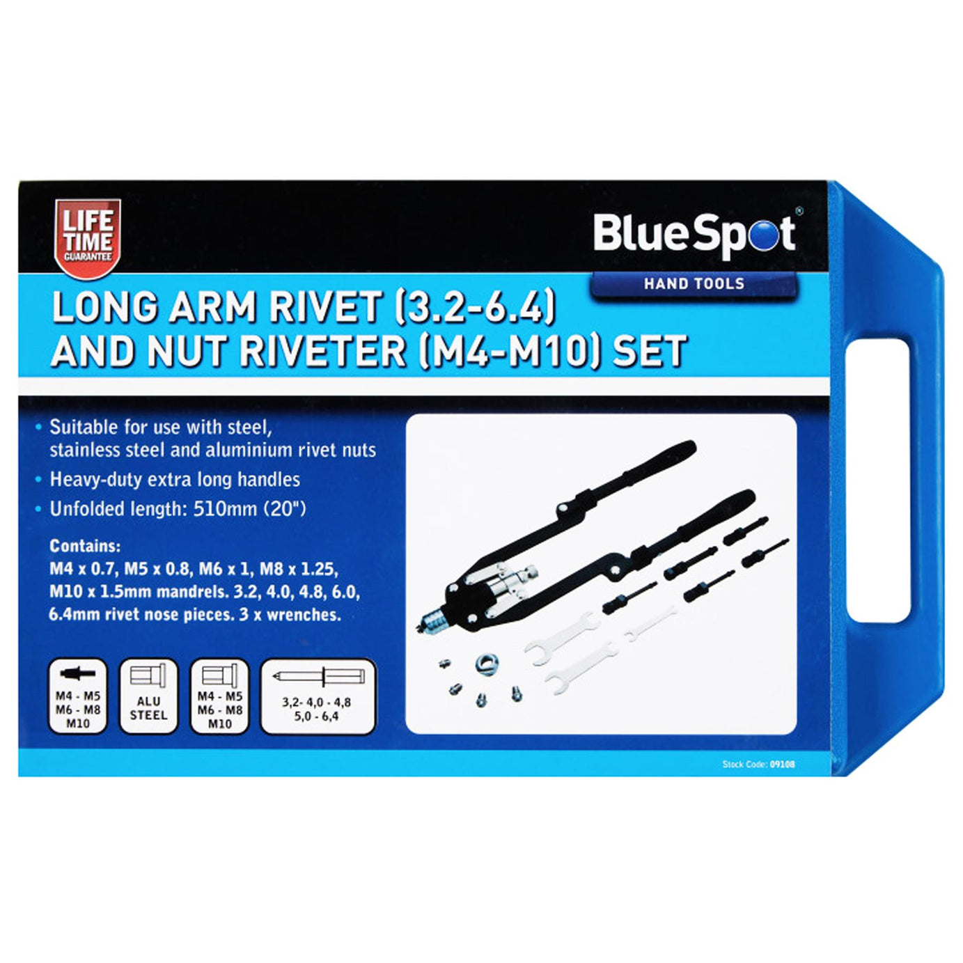 BlueSpot Long Arm Rivet 3.2-6.4 And Nut Riveter M4-M10 Gun Tool Set