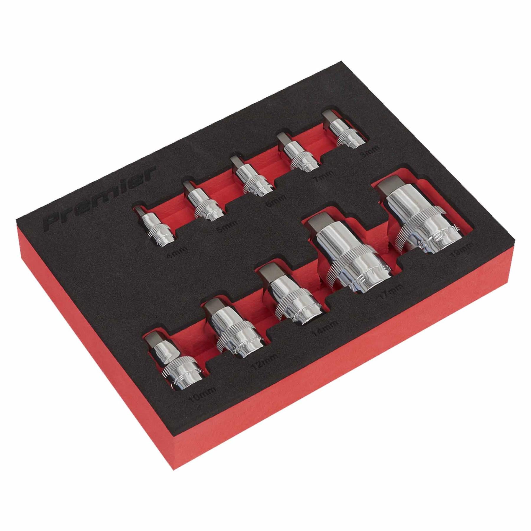 Hex Socket Bit Set 10pc Stubby 1/4", 3/8" & 1/2"Sq Drive. Sealey
